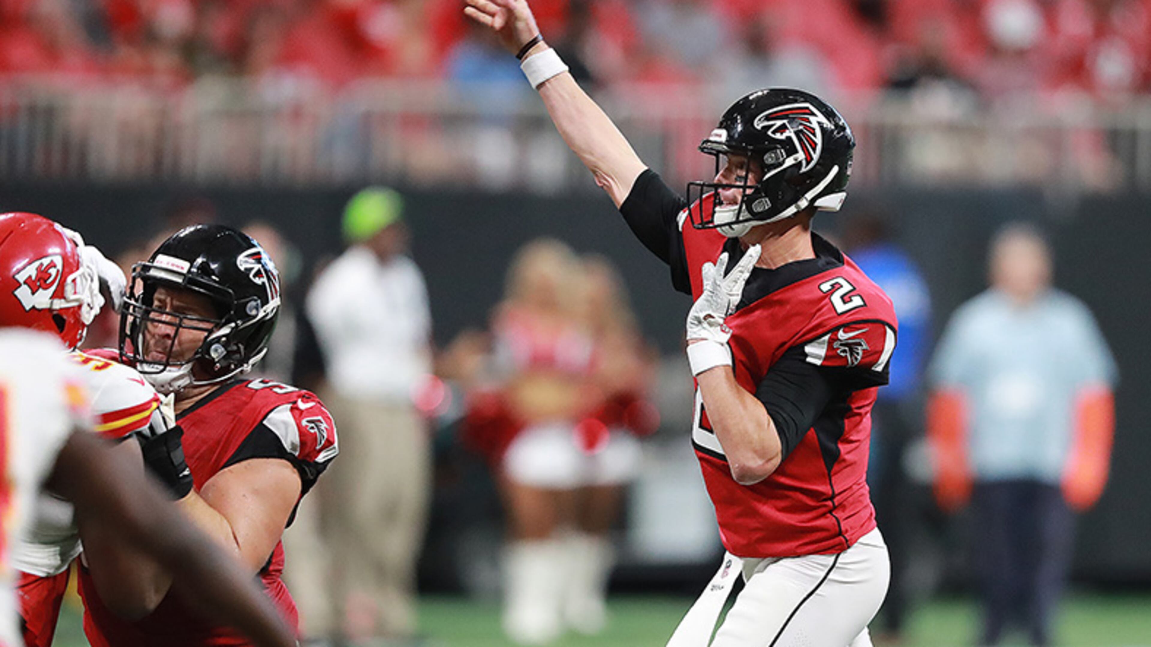 Falcons quarterback Matt Ryan completes a pass against the Kansas City Chiefs during the first quarter Friday, Aug. 17, 2018, at Mercedes-Benz Stadium in Atlanta.