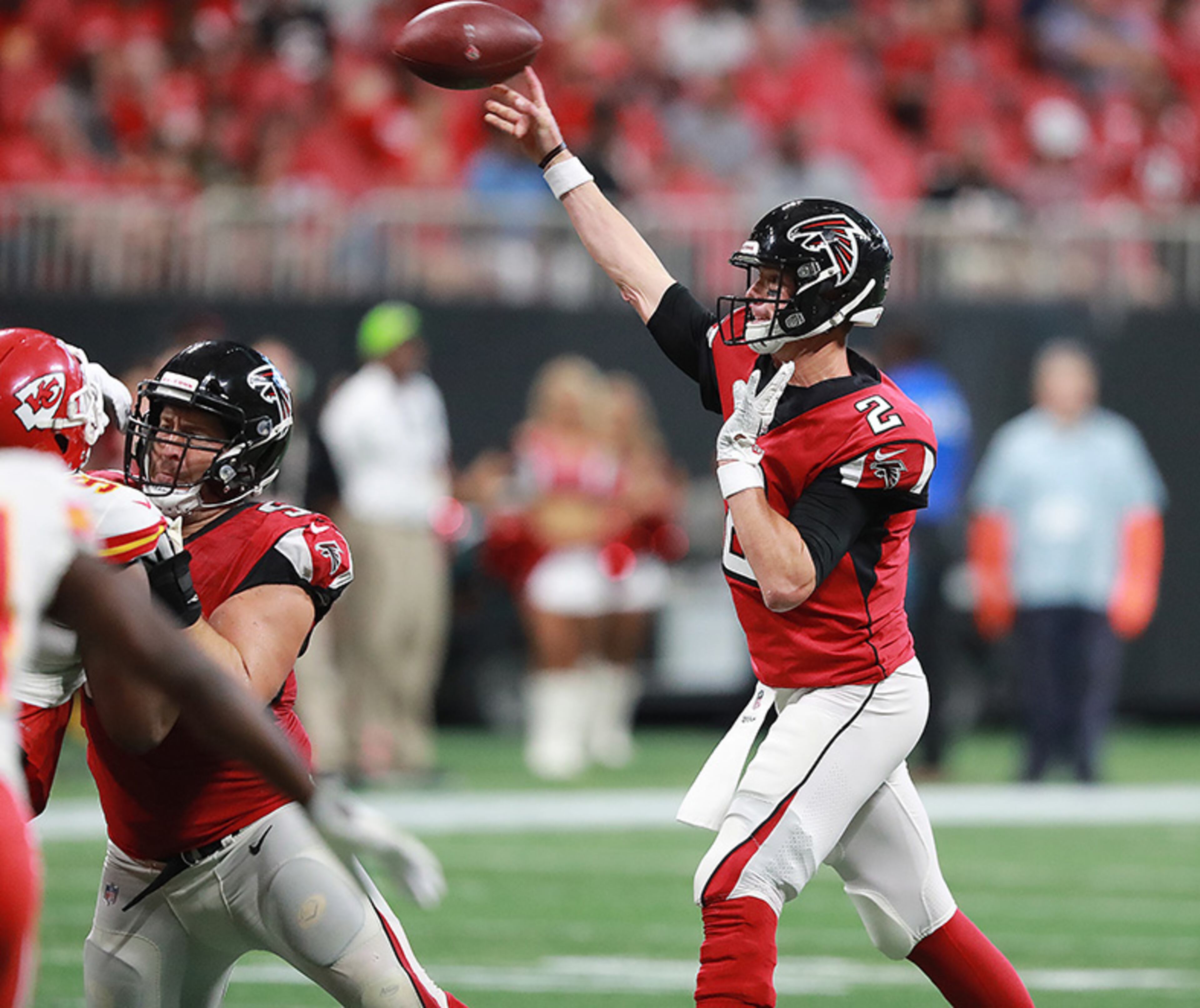 Falcons quarterback Matt Ryan completes a pass against the Kansas City Chiefs during the first quarter Friday, Aug. 17, 2018, at Mercedes-Benz Stadium in Atlanta.
