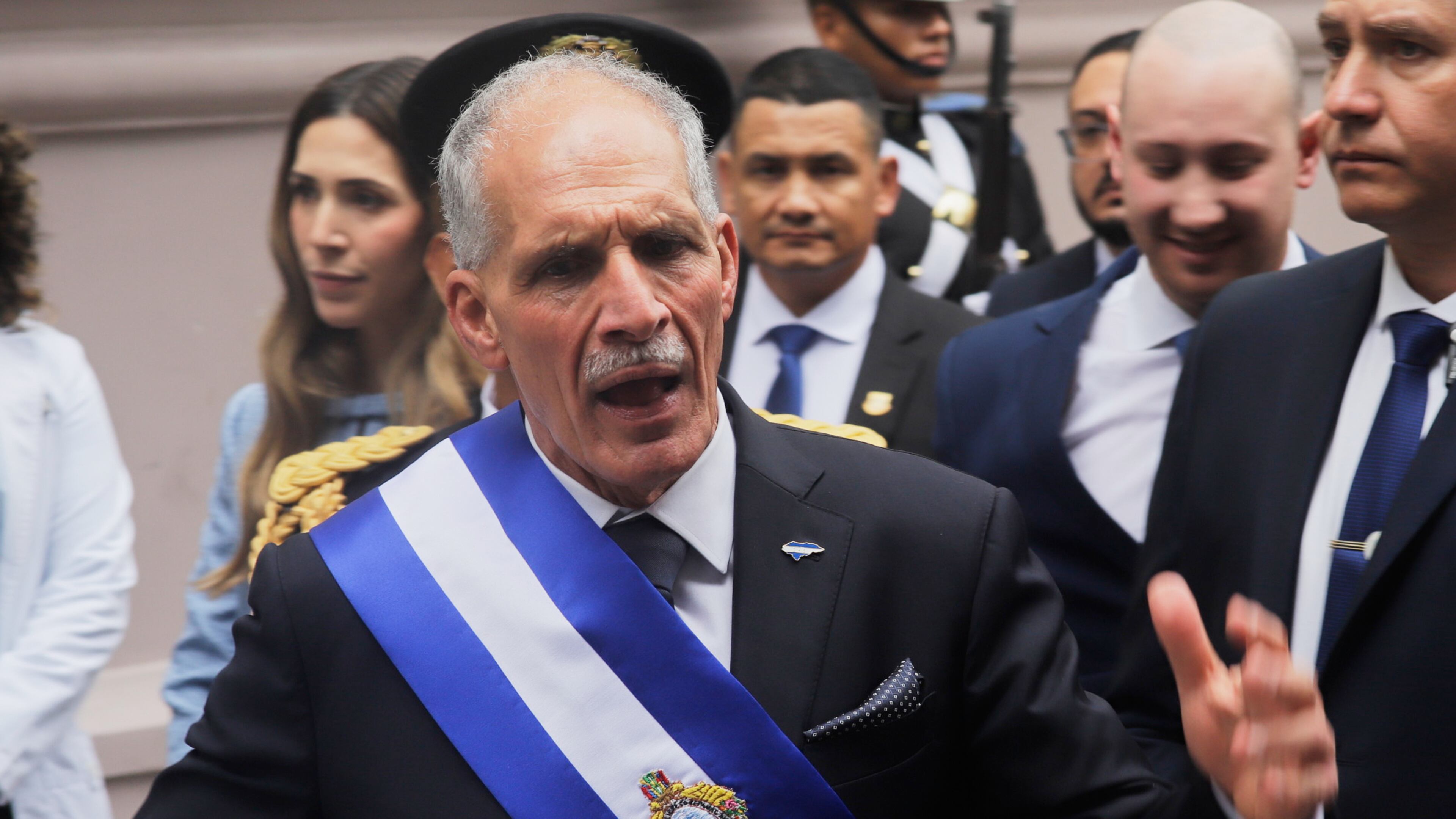 FILE - Honduran President Nasry Asfura speaks wearing the presidential sash after his inauguration ceremony at Congress in Tegucigalpa, Honduras, Jan. 27, 2026. (AP Photo/Fernando Destephen, File)