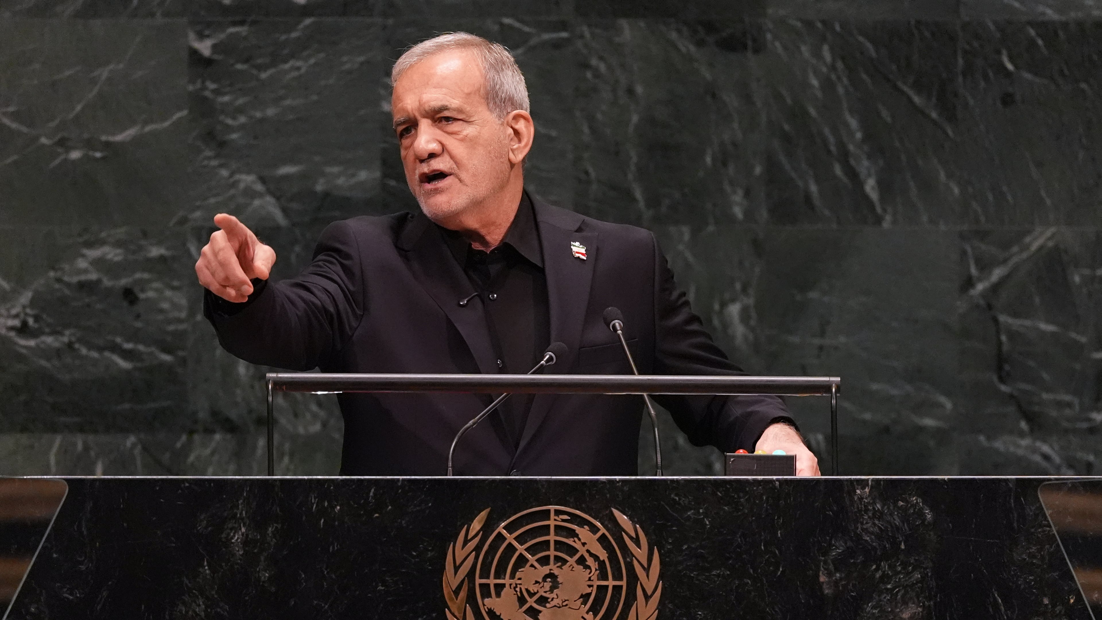 Iran's President Masoud Pezeshkian speaks during the 81st session of the United Nations General Assembly at United Nations headquarters, Wednesday, Sept. 23, 2026. (AP Photo/Heather Khalifa)