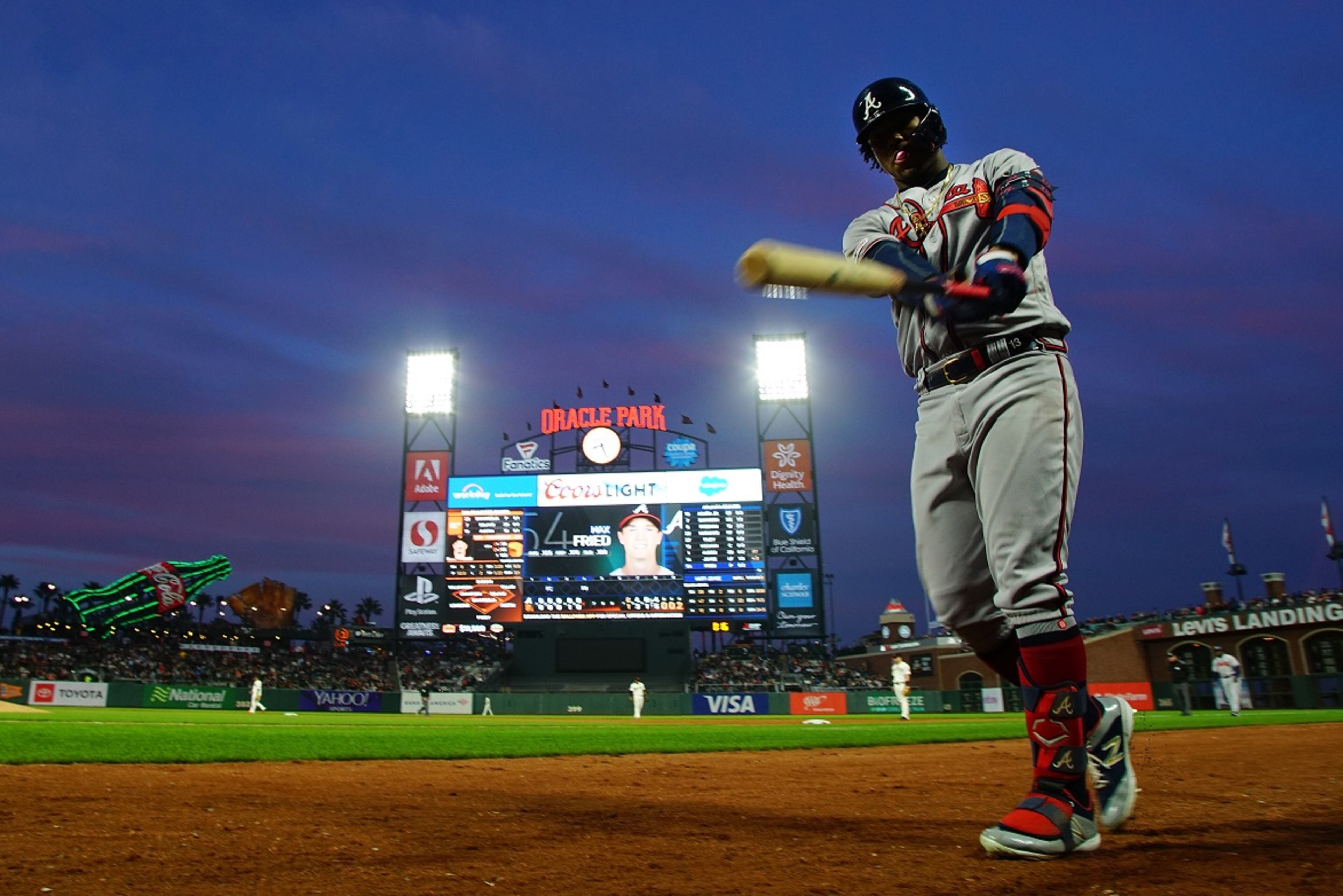 SAN FRANCISCO, CALIFORNIA - MAY 22: Ronald Acuna Jr. #13 of the Atlanta Braves prepares to bat during the sixth inning against the San Francisco Giants at Oracle Park on May 22, 2019 in San Francisco, California. (Photo by Daniel Shirey/Getty Images)