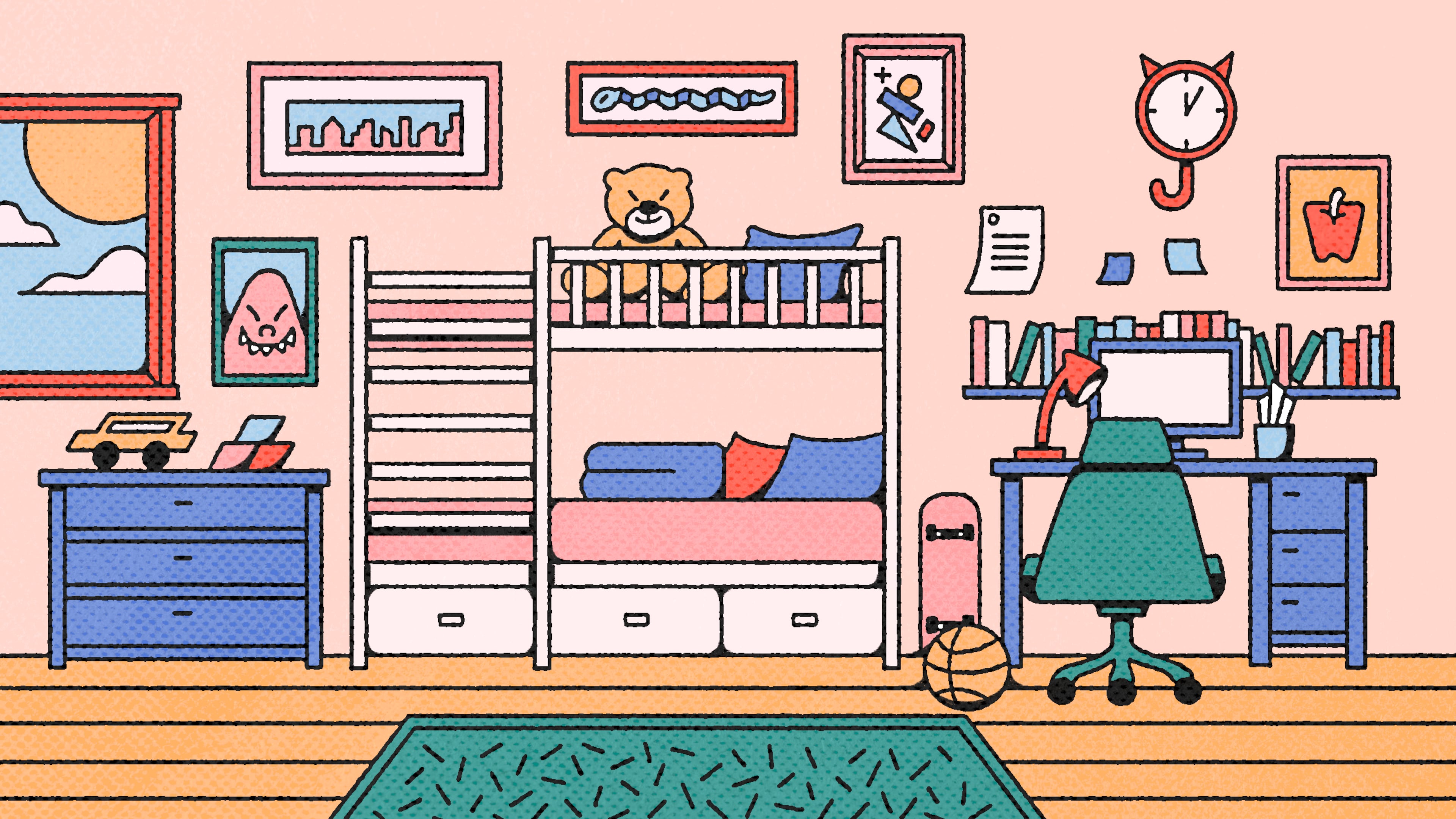 After years of school schedules, first days and family routines, an empty bedroom can mark the start of a new chapter for parents, too. (Illustration: Broly Su/AJC)