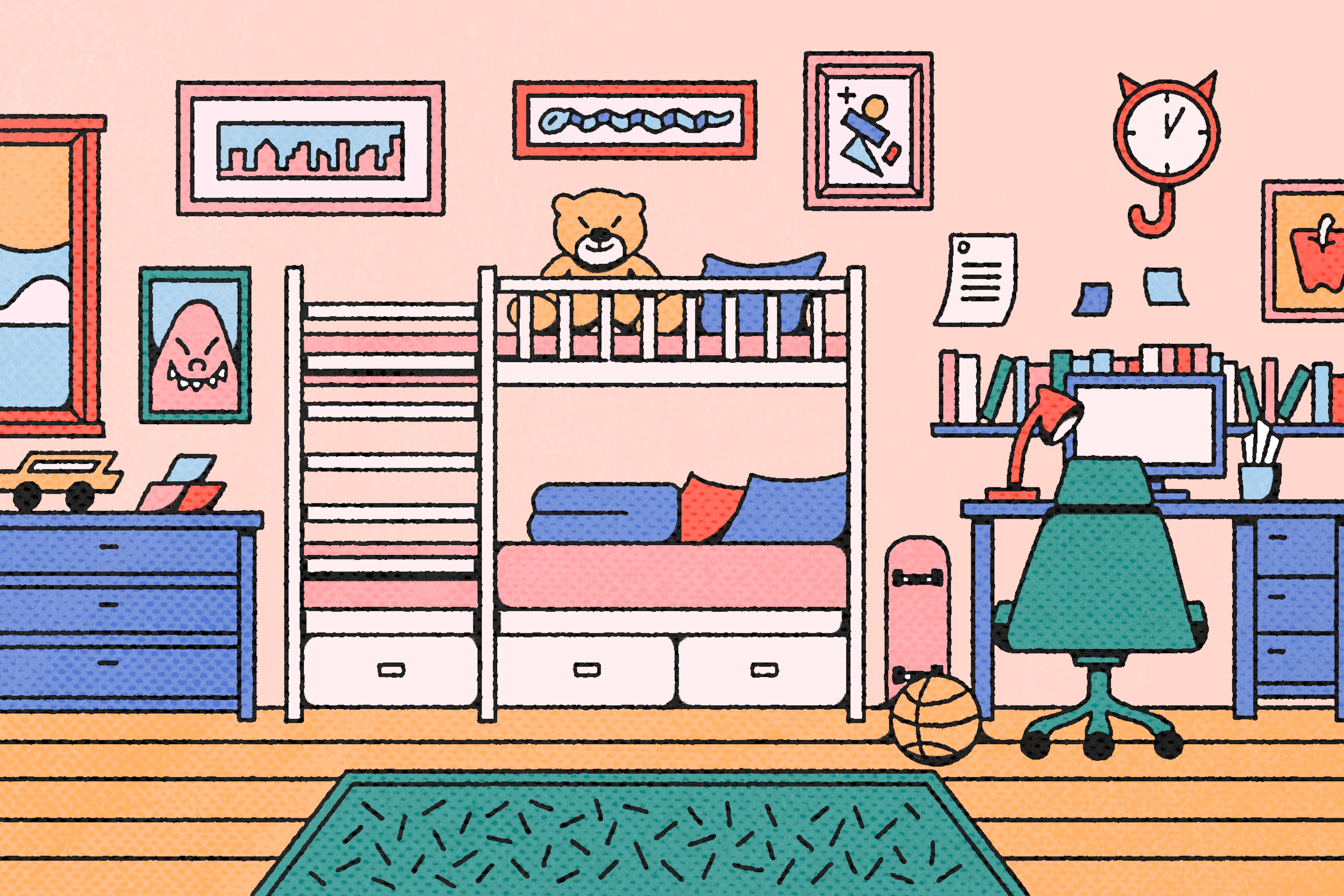 After years of school schedules, first days and family routines, an empty bedroom can mark the start of a new chapter for parents, too. (Illustration: Broly Su/AJC)