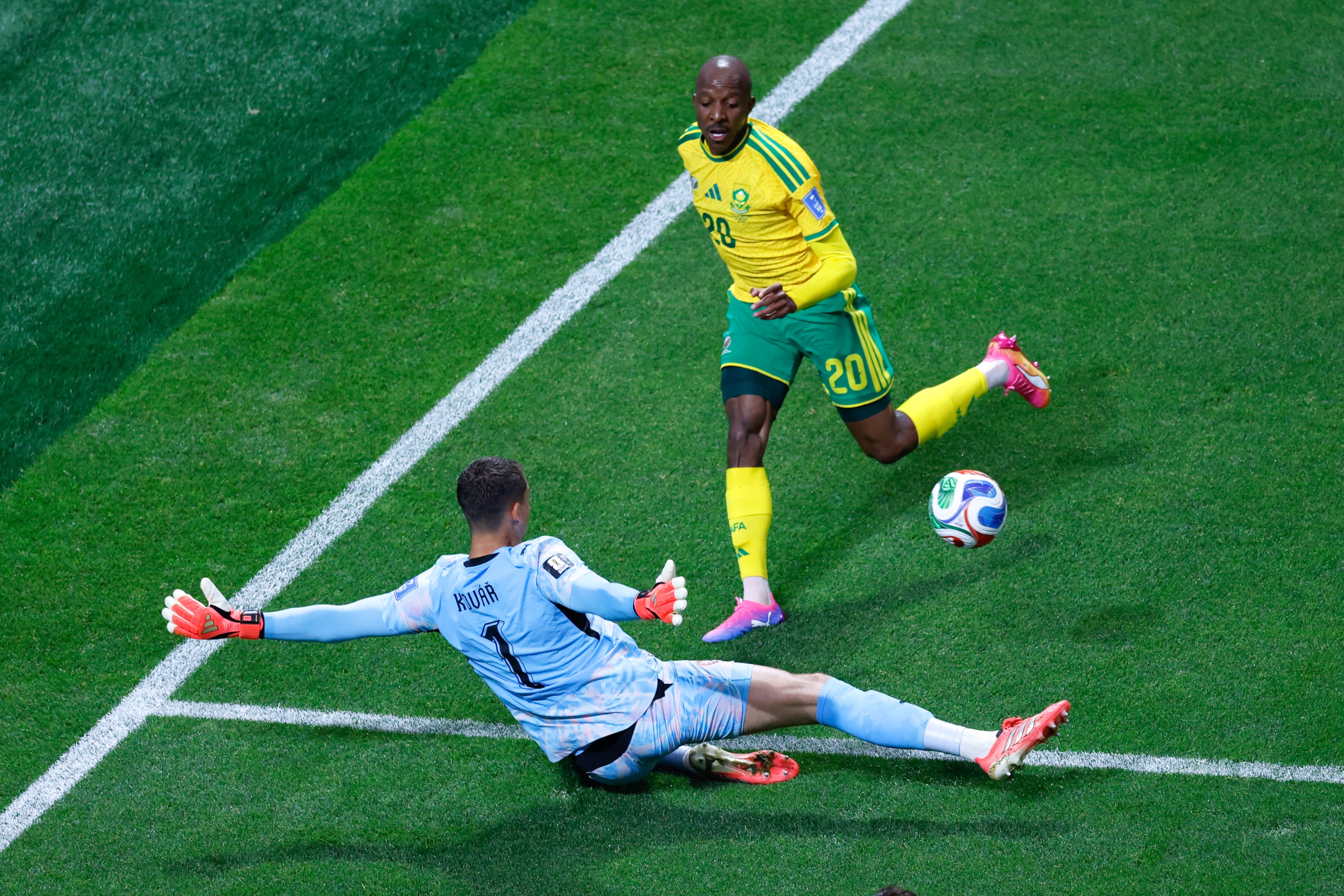 Czechia goalkeeper Matěj Kovář (bottom) defends the goal in the first half of the Czechia vs. South Africa game at the FIFA World Cup at Atlanta Stadium on Thursday, June 18, 2026. (Arvin Temkar/AJC)