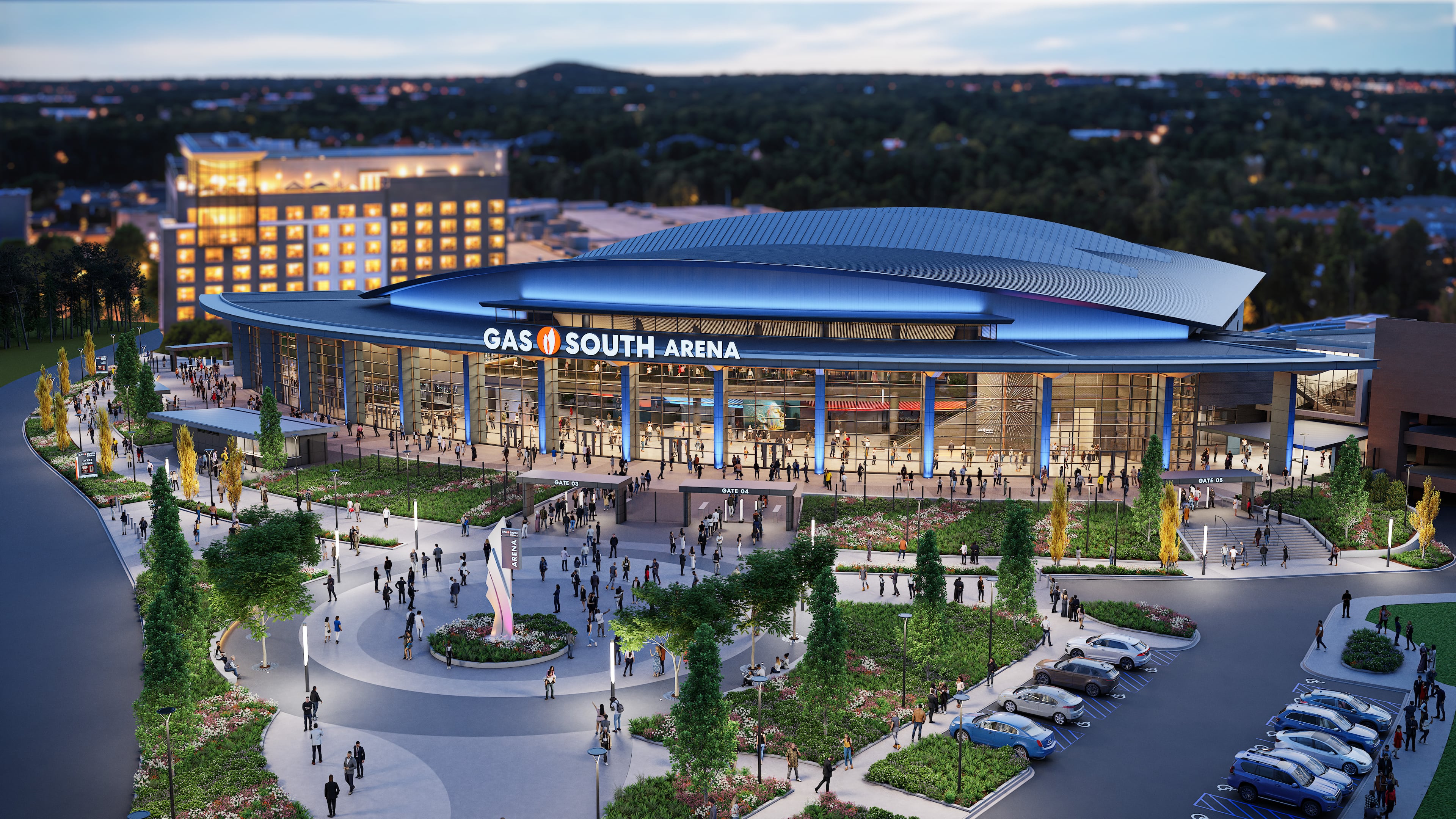This is a rendering of a planned $175 million renovation to Gas South Arena in Duluth, which held a groundbreaking in September 2026. The full slate of renovations is expected to be complete in 2028. (Courtesy of Gas South District)