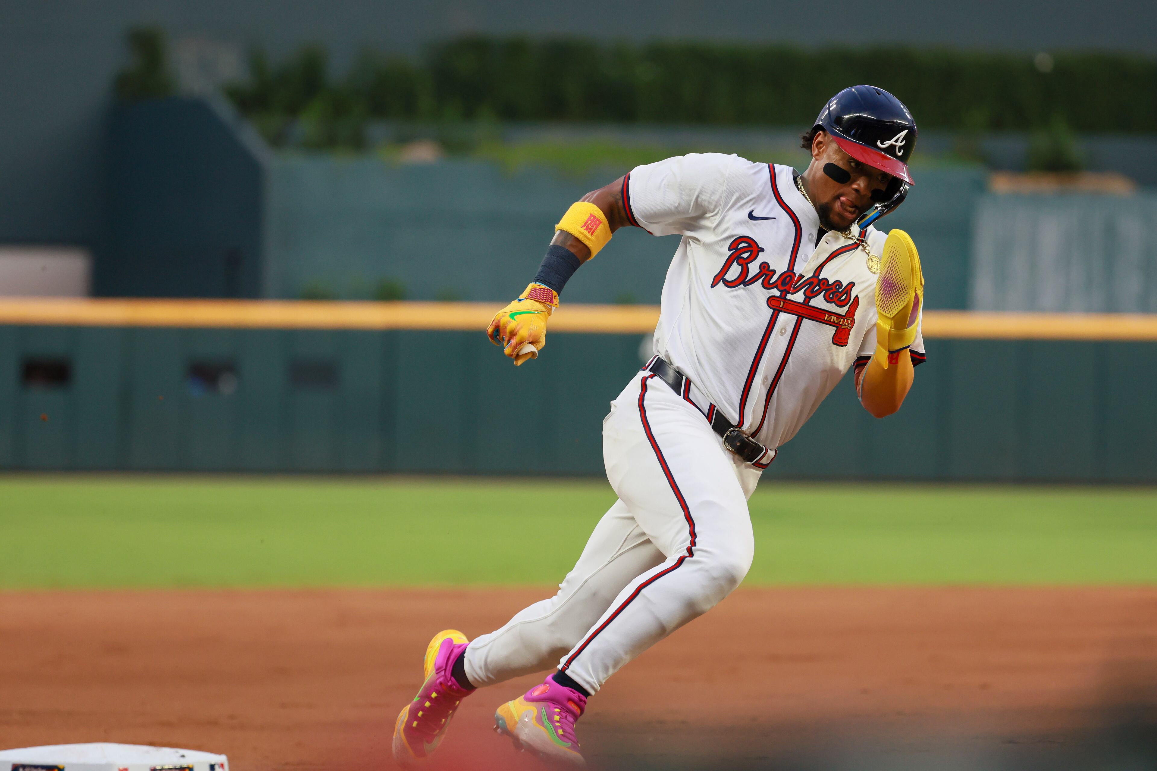 Ronald Acuña Jr. of the Atlanta Braves rounds third base to score against the American League during the first inning of the MLB All-Star Game at Truist Park in Atlanta on Tuesday, July 15, 2025. (Jason Getz/AJC)