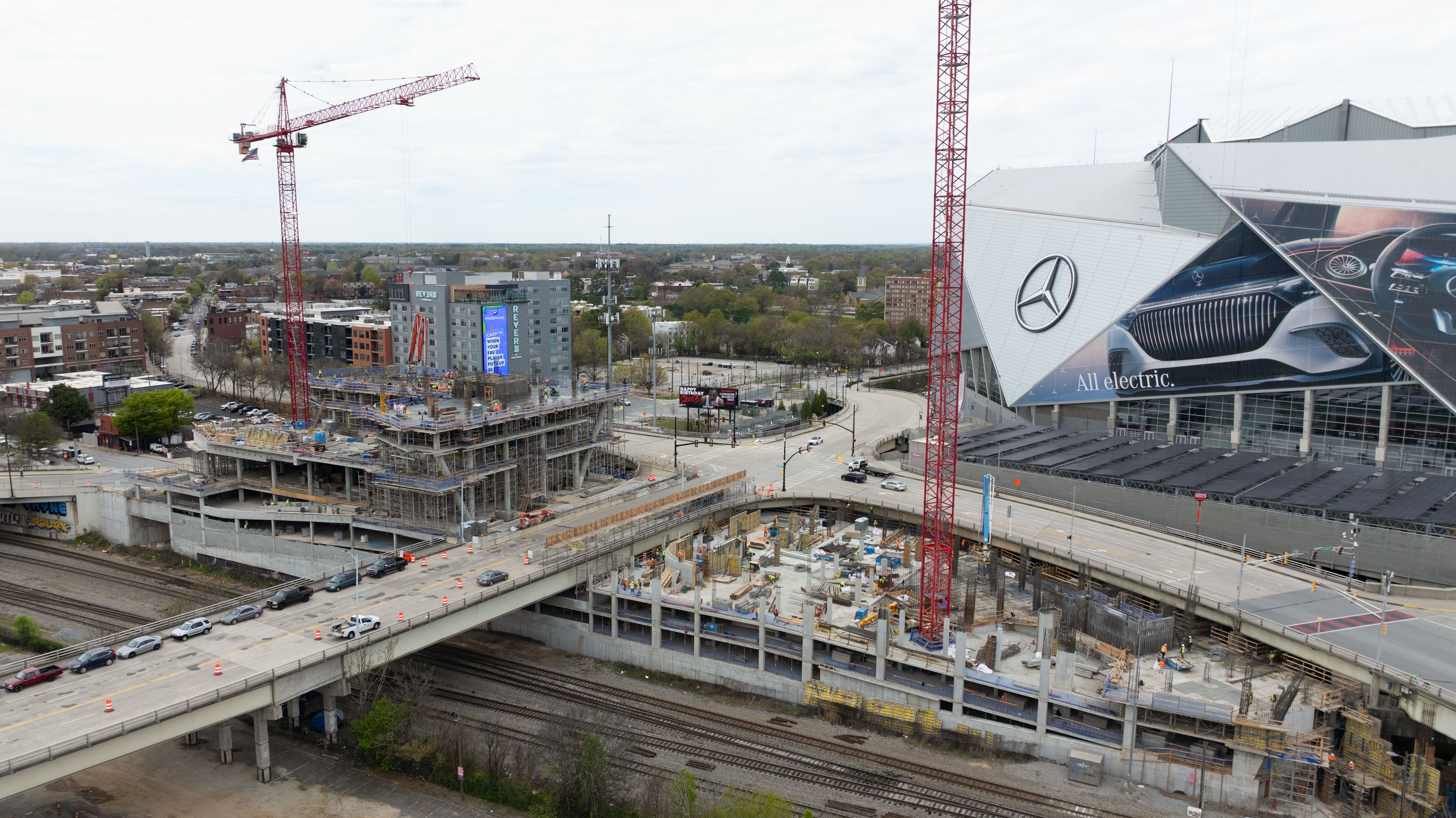 A drone image shows the progress of the first two new buildings in the Centennial Yards development project. One will include a 304-unit apartment tower, while the other is a 292-room hotel.
Miguel Martinez /miguel.martinezjimenez@ajc.com