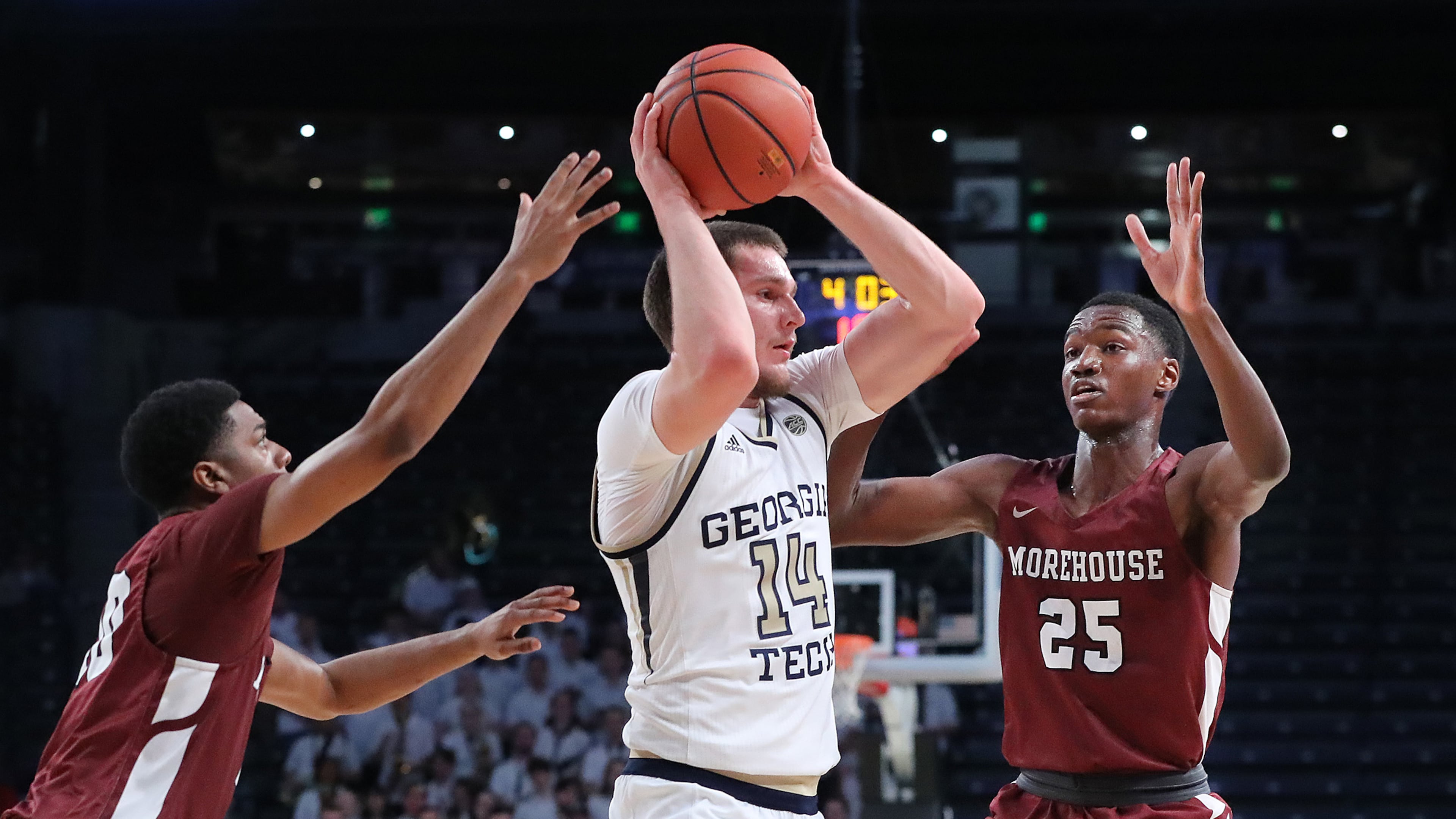 Georgia Tech forward David Didenko is double teamed by Morehouse defenders Jordan Sterling (left) and Xavier Brewer during a 82-54 victory in a NCAA college basketball game on Tuesday, January 28, 2020, in Atlanta. Curtis Compton ccompton@ajc.com