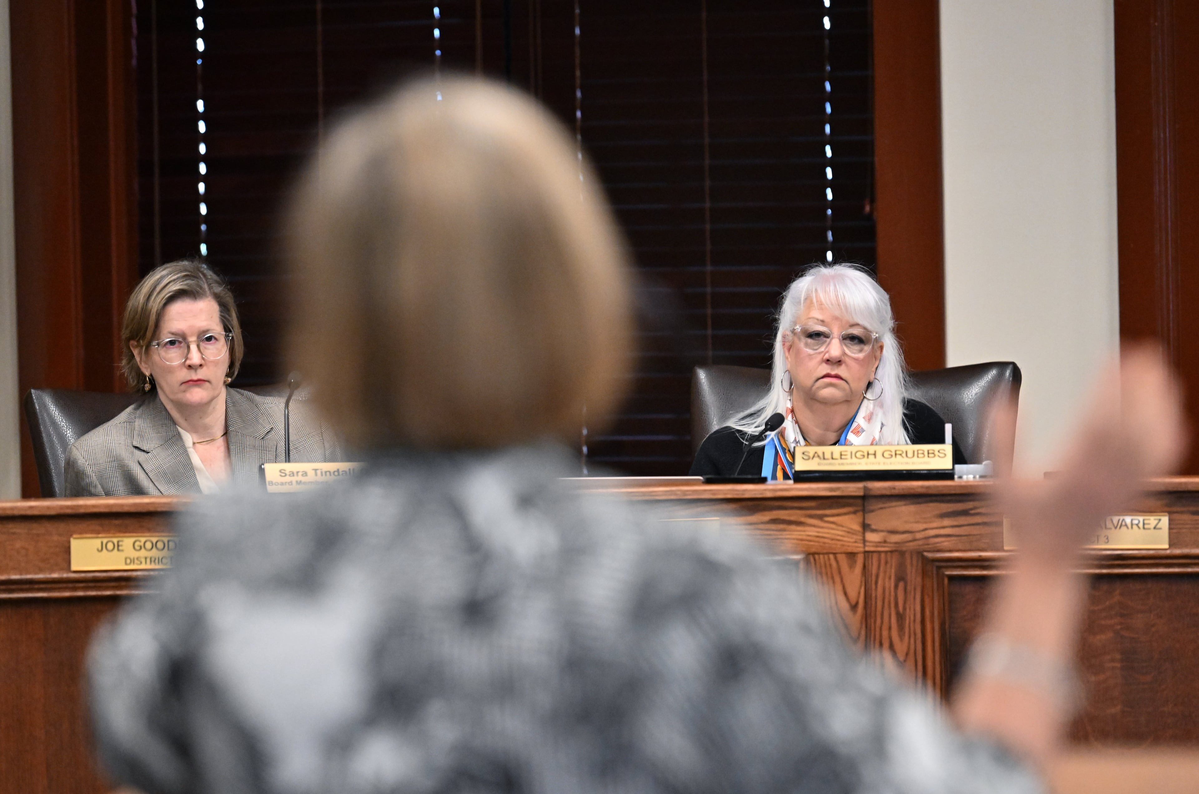 Georgia State Election Board members Sara Tindall Ghazal (left) and Salleigh Grubbs during a monthly meeting. (Hyosub Shin/AJC)