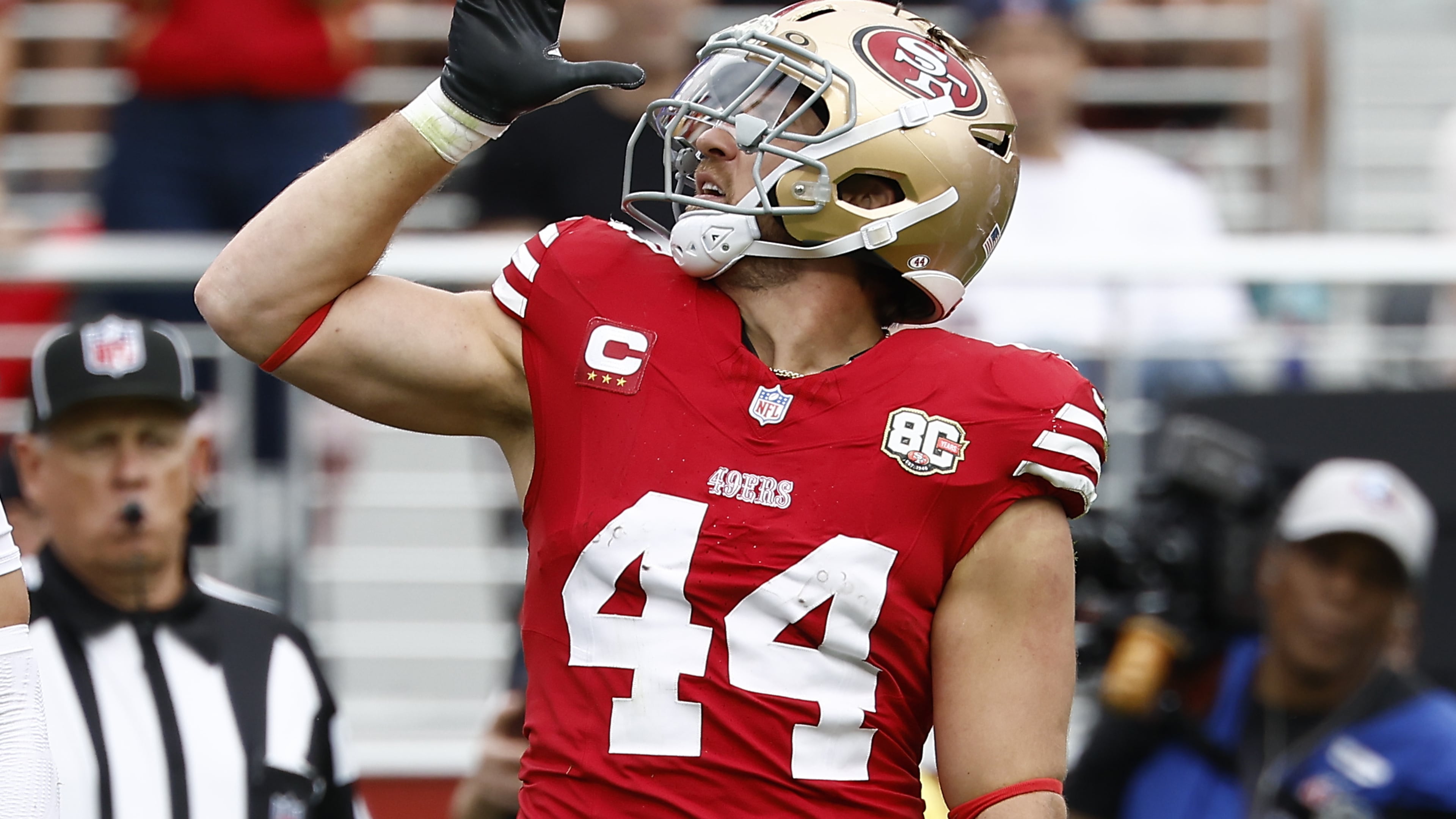FILE - San Francisco 49ers fullback Kyle Juszczyk gestures after a play against the Miami Dolphins during the second half an NFL football game in Santa Clara, Calif., Sept. 20, 2026. (AP Photo/Kelley L Cox, File)