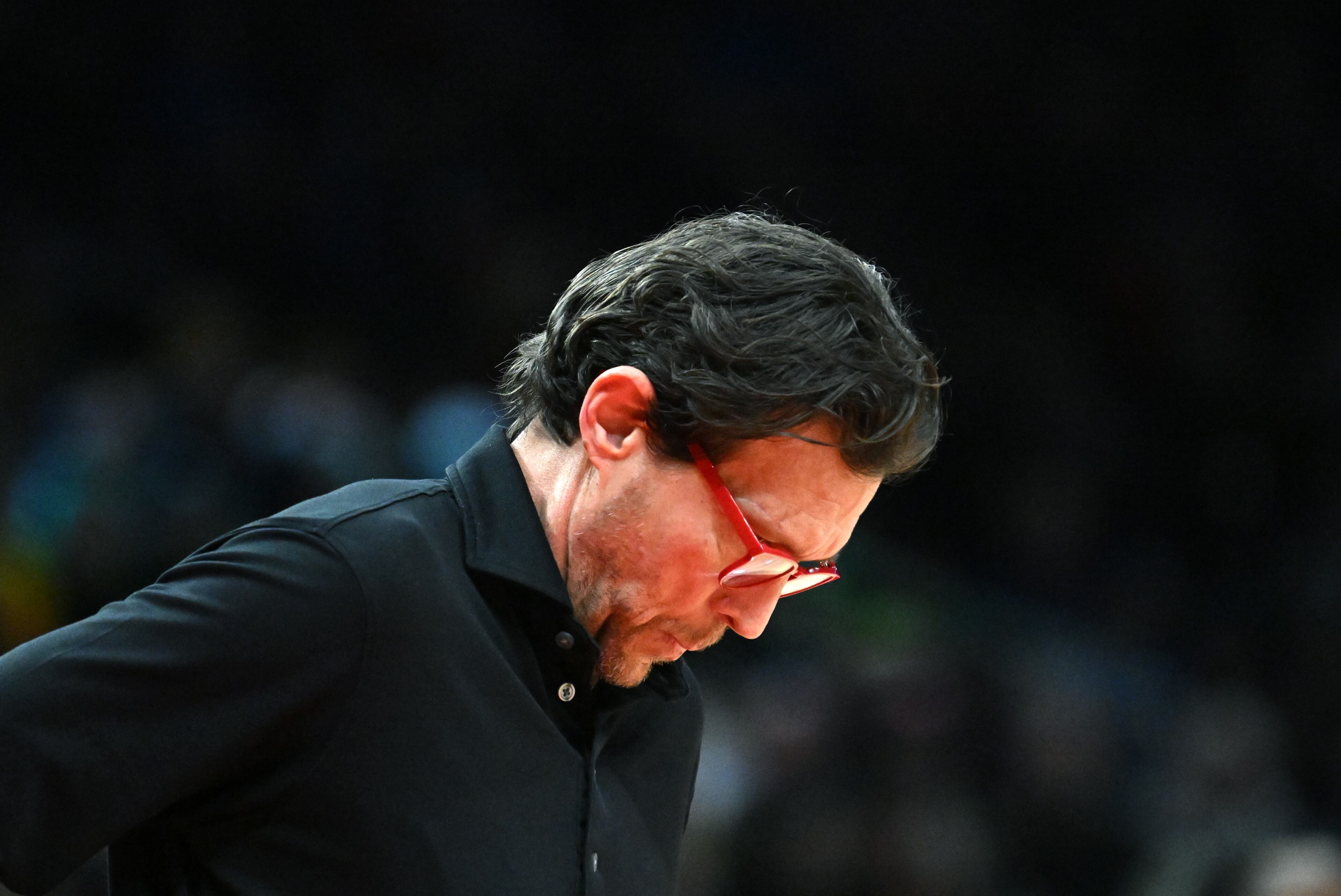 Atlanta Hawks head coach Quin Snyder reacts during the second half in an NBA basketball game at State Farm Arena, Wednesday, December 3, 2024, in Atlanta. Atlanta Hawks won 141-138 over Oklahoma City Thunder. (Hyosub Shin / Hyosub.Shin@ajc.com)