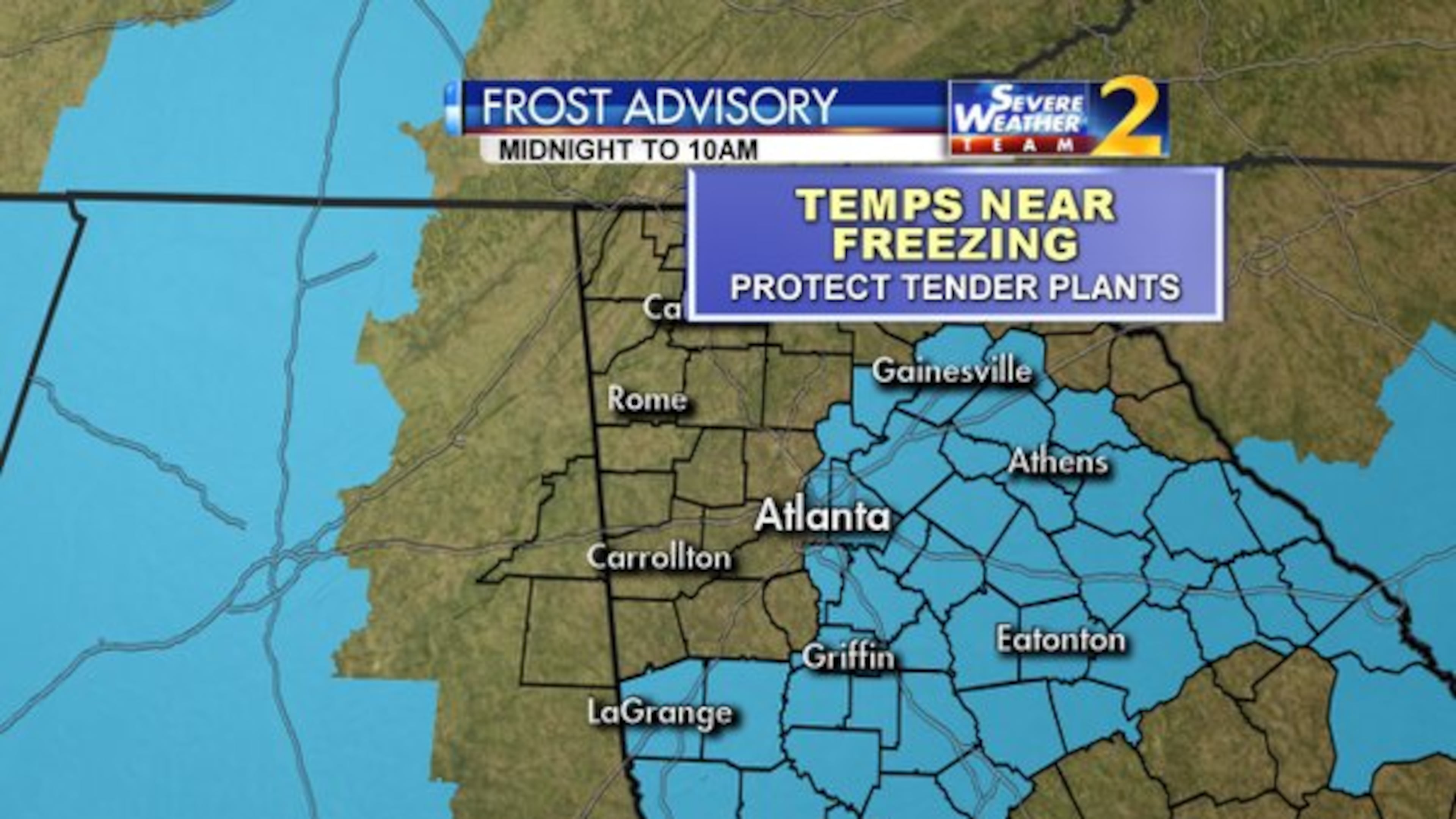 A frost advisory goes into effect at midnight and continues through 10 a.m. Tuesday. (Credit: Channel 2 Action News)