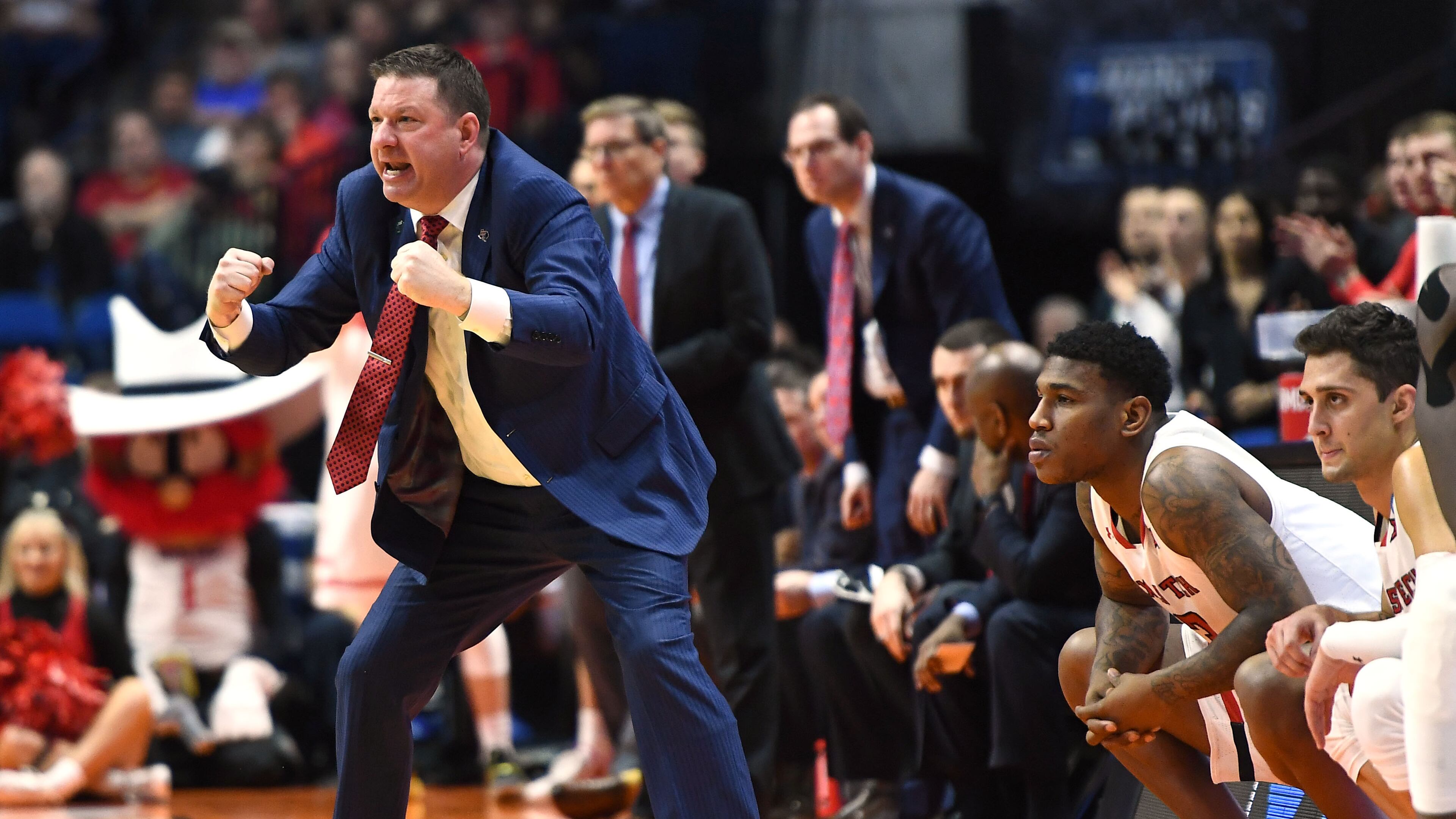 Head coach Chris Beard of the Texas Tech Red Raiders celebrates on the sidelines during the second half of the first round game of the 2019 NCAA Men's Basketball Tournament against the Northern Kentucky Norse at BOK Center on March 22, 2019 in Tulsa, Okla.