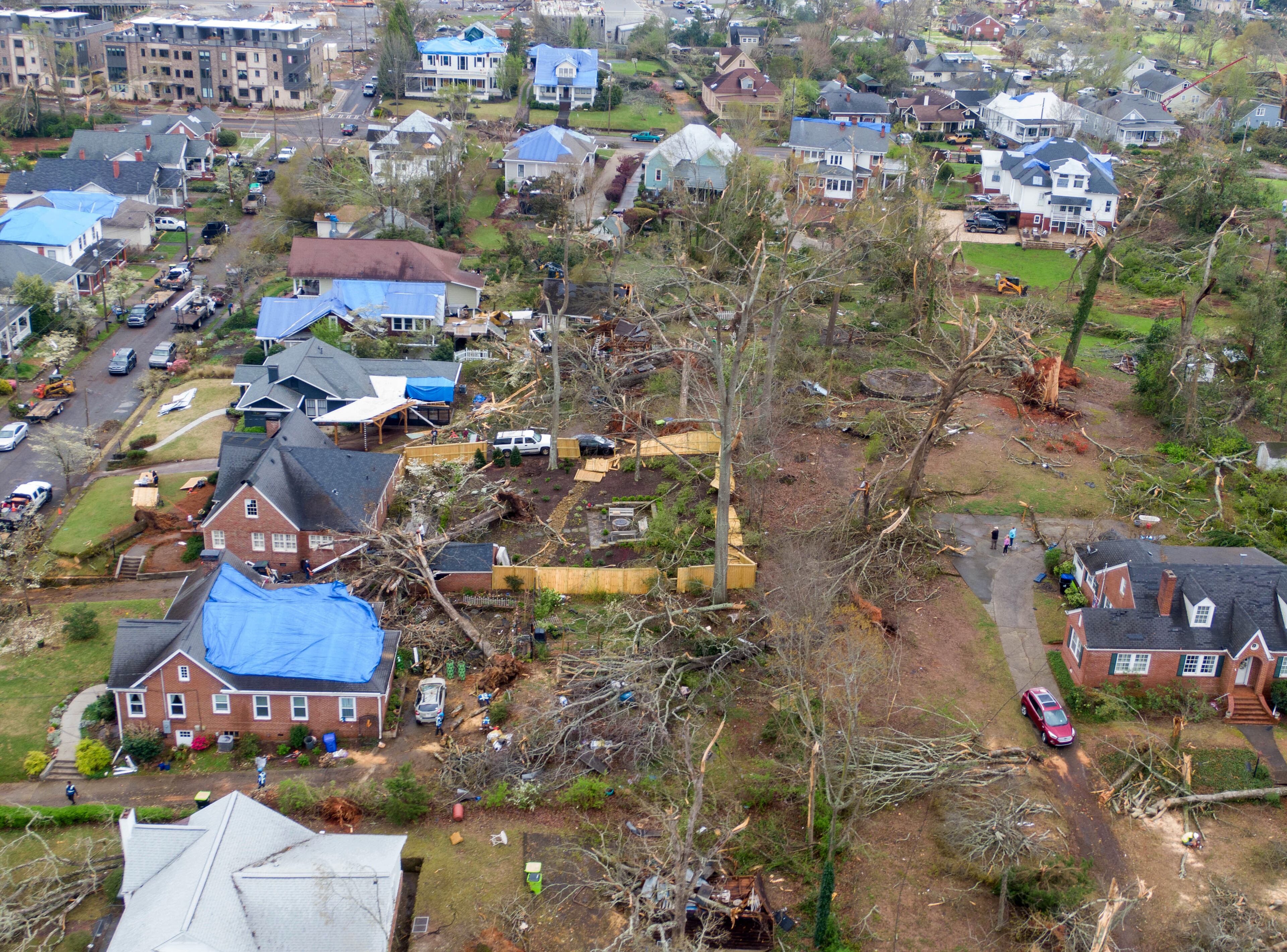 Aerial photograph taken on Saturday, March 27 shows the aftermath of the tornado that tore through the Newnan late Thursday night into Friday morning. (Hyosub Shin / Hyosub.Shin@ajc.com)