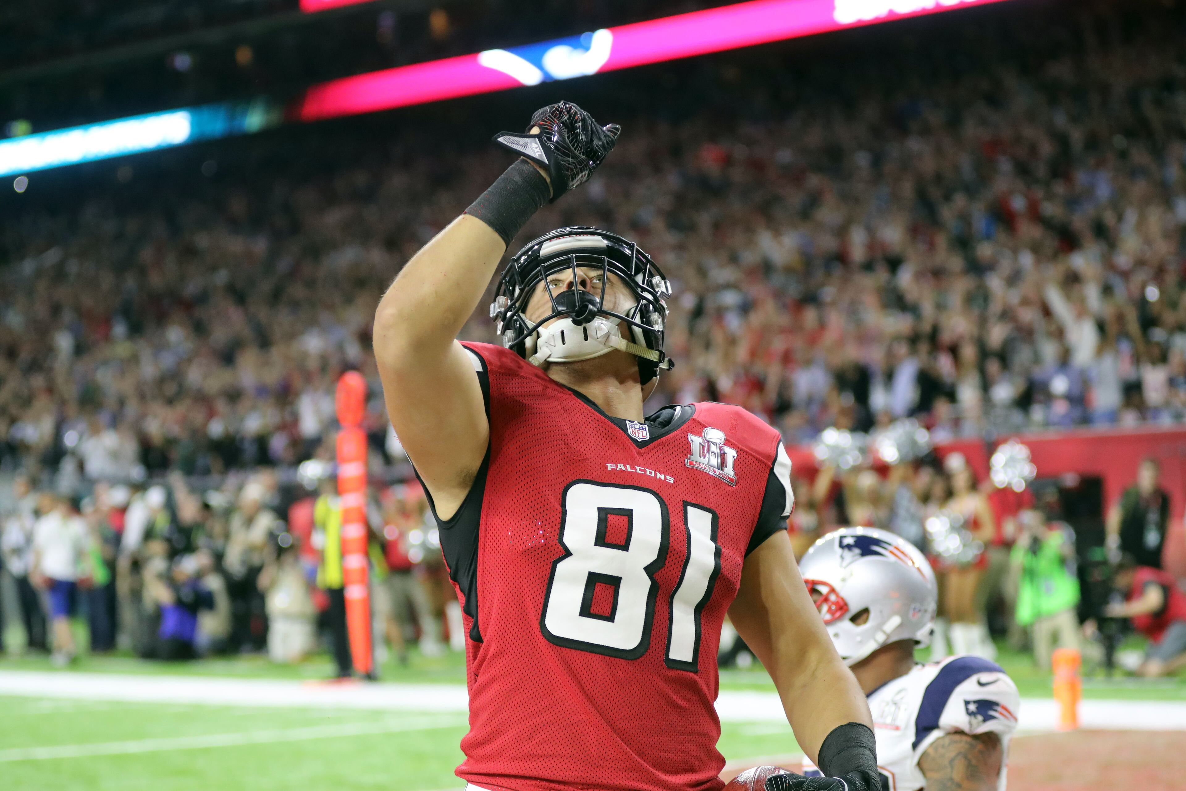 FEBRUARY 5, 2017 HOUSTON TX Atlanta Falcons tight end Austin Hooper (81) celebrates after he scores a touchdown in the second quarter as the Atlanta Falcons meet the New England Patriots in Super Bowl LI at NRG Stadium in Houston, TX, Sunday, February 5, 2017. Curtis Compton/AJC