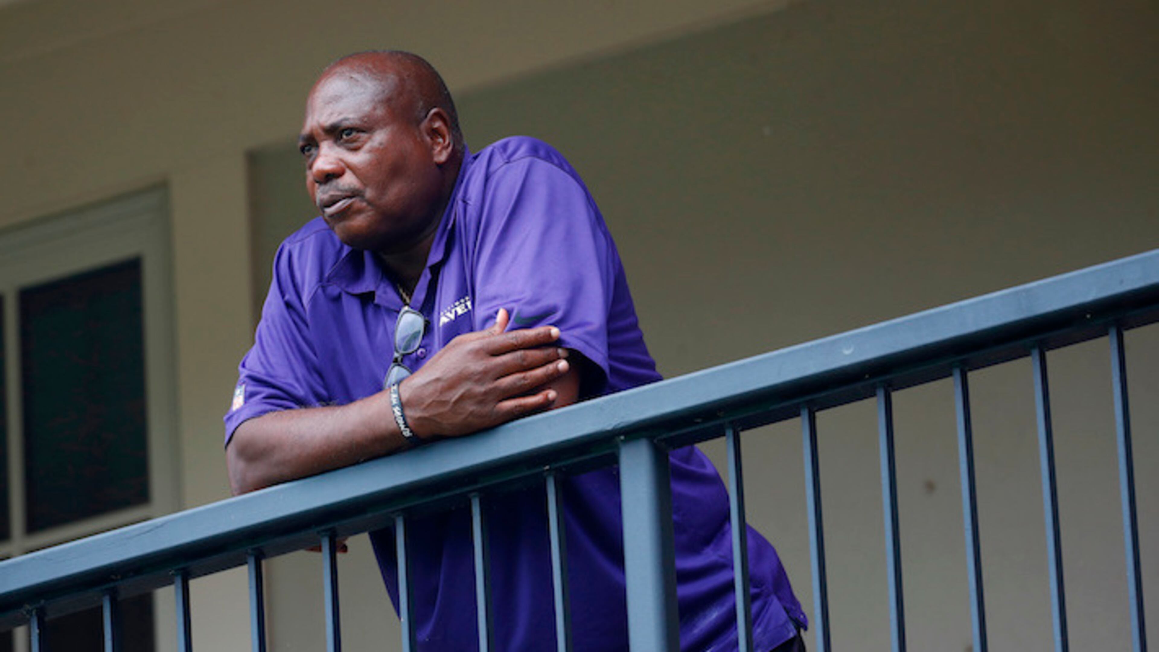 FILE - In this July 28, 2017, file photo, Baltimore Ravens general manager and executive vice president Ozzie Newsome looks out over practice fields following an NFL football training camp practice, in Owings Mills, Md. Perhaps there will come a time when Ozzie Newsome looks back wistfully on his final NFL draft with the Baltimore Ravens. For now, the only general manager in Ravens history is focused on getting the team into the playoffs in what will be his last year on the job. (AP Photo/Patrick Semansky, File)