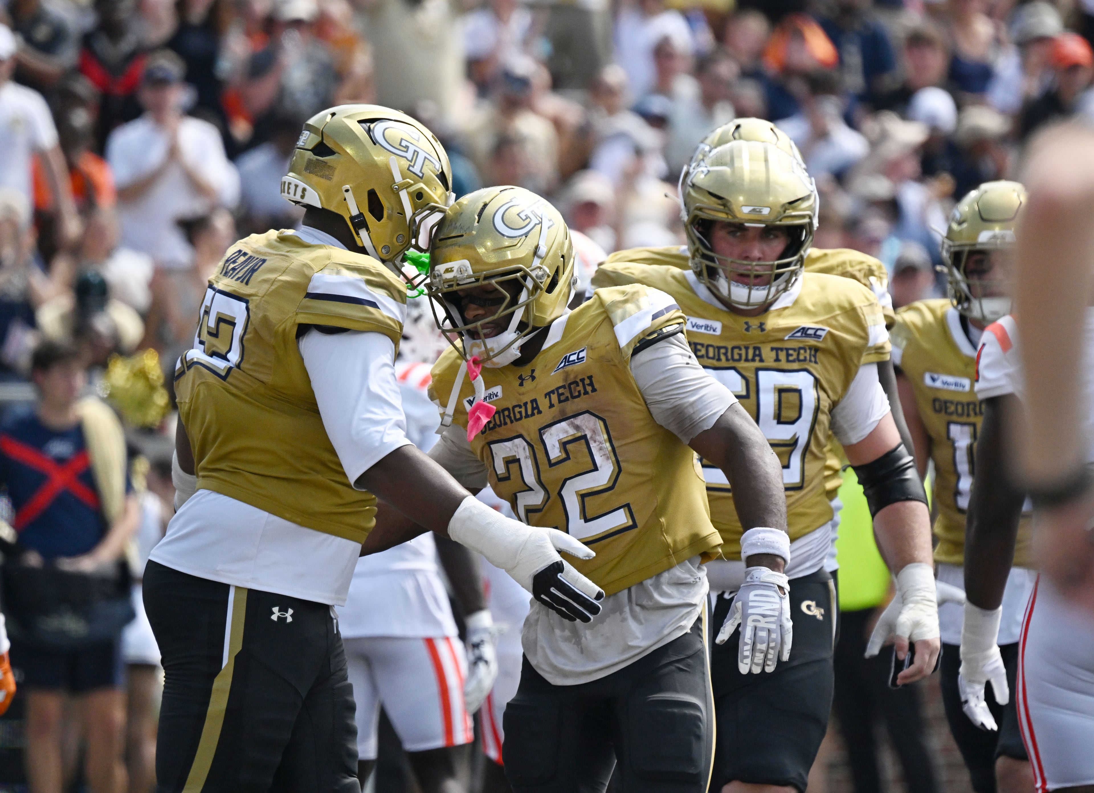 Georgia Tech running back Justice Haynes (22) celebrates after scoring a touchdown during the first half in an NCAA college football game at Bobby Dodd Stadium on Saturday, Sept. 19, 2026, in Atlanta. (Hyosub Shin/AJC)
