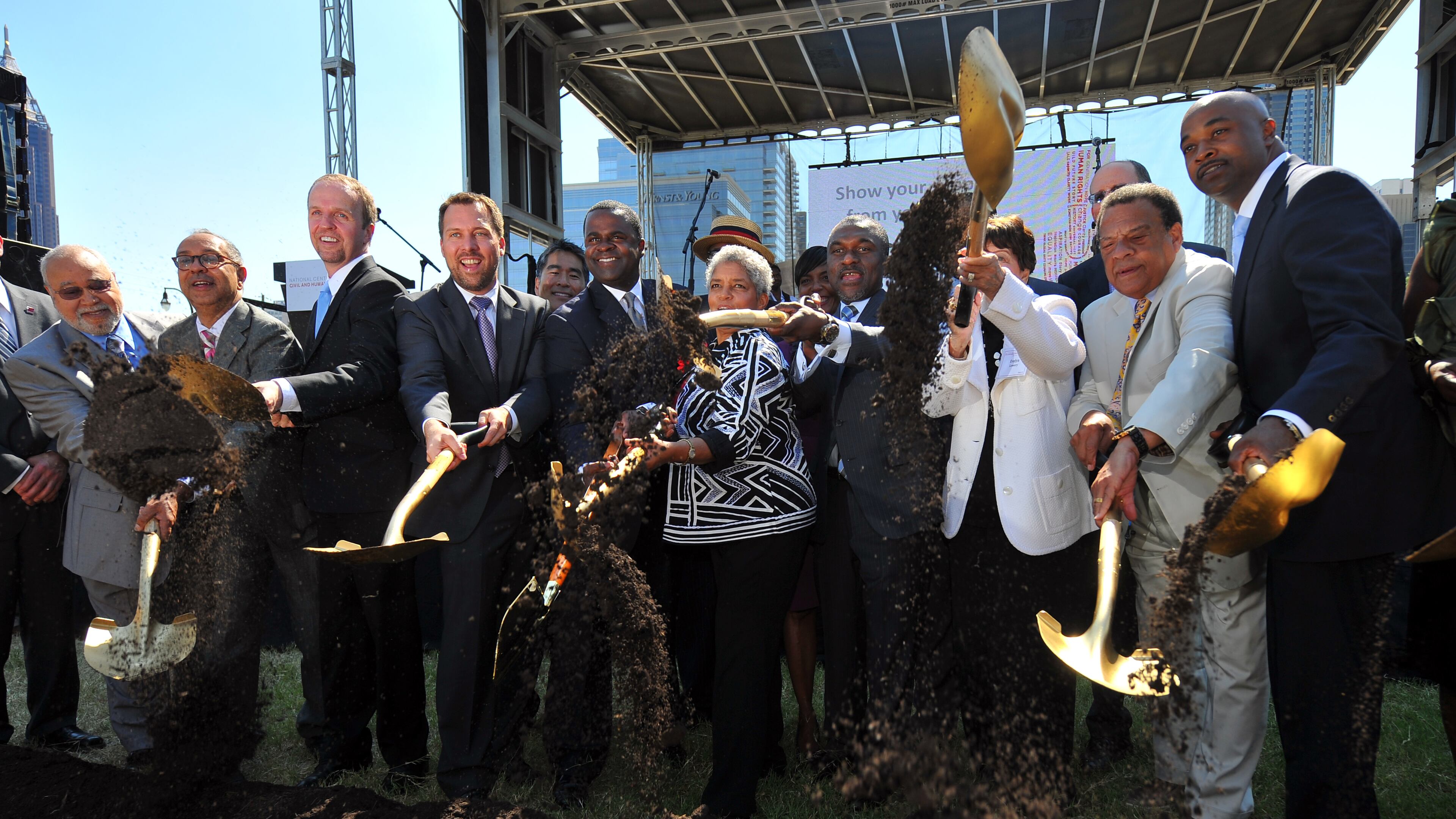 Mayor Kasim Reed, former mayor Shirley Franklin, and former mayor Andrew Young, were among more than 15 V.I.P to turn a shovel during the ground-breaking for the Center for Civil and Human Right in 2012. AJC file