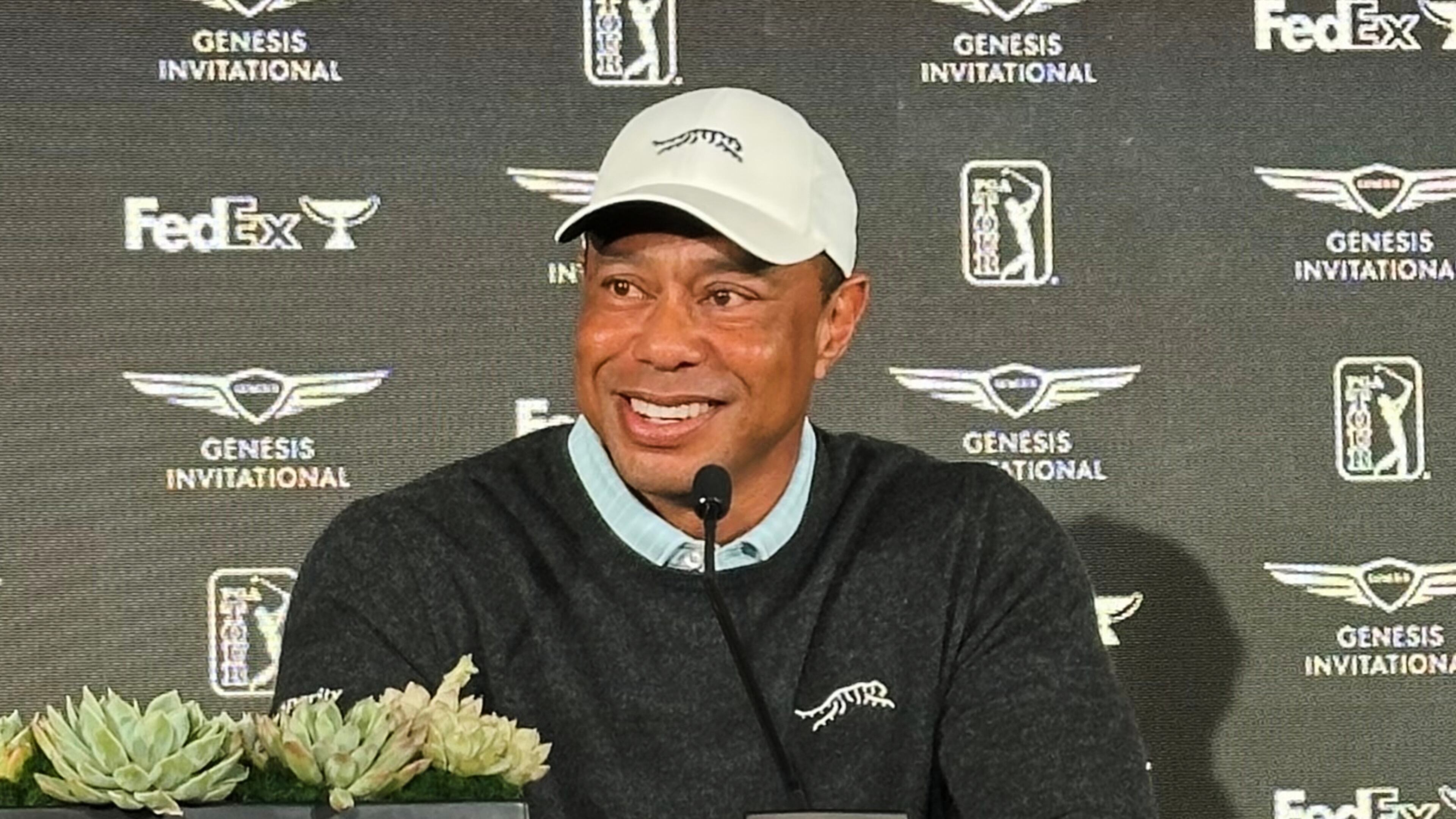 Tiger Woods speaks to the media at Riviera Country Club in Los Angeles, Tuesday, Feb. 17, 2026, ahead of the Genesis Invitational, where he is the tournament host. (AP Photo/Doug Ferguson)