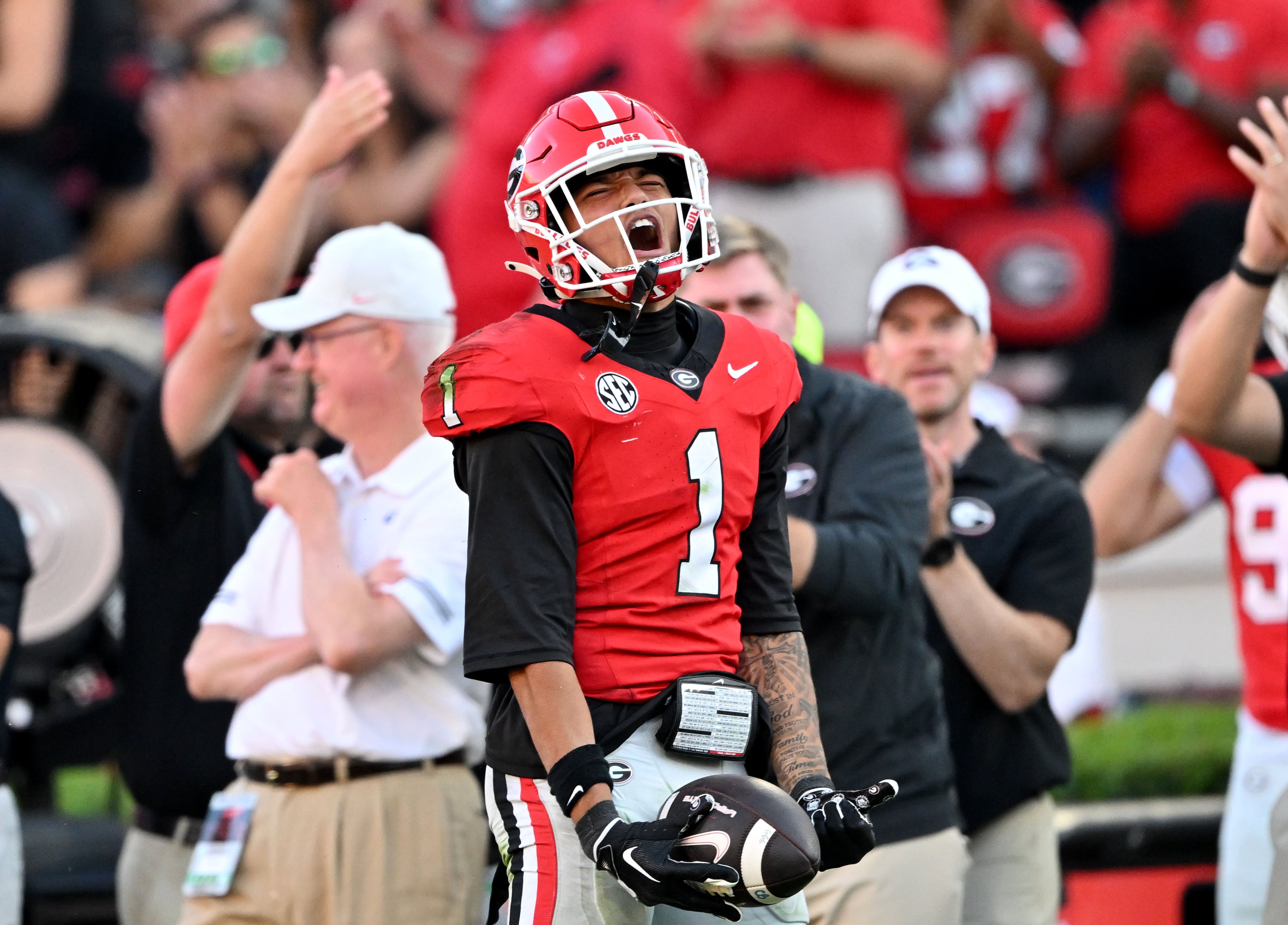 Georgia wide receiver Talyn Taylor reacts after making a one-handed catch during the second half of an NCAA football game at Sanford Stadium on Saturday, Sept. 26, 2026, in Athens, Ga. Georgia defeated Oklahoma 41-13. (Hyosub Shin/AJC)