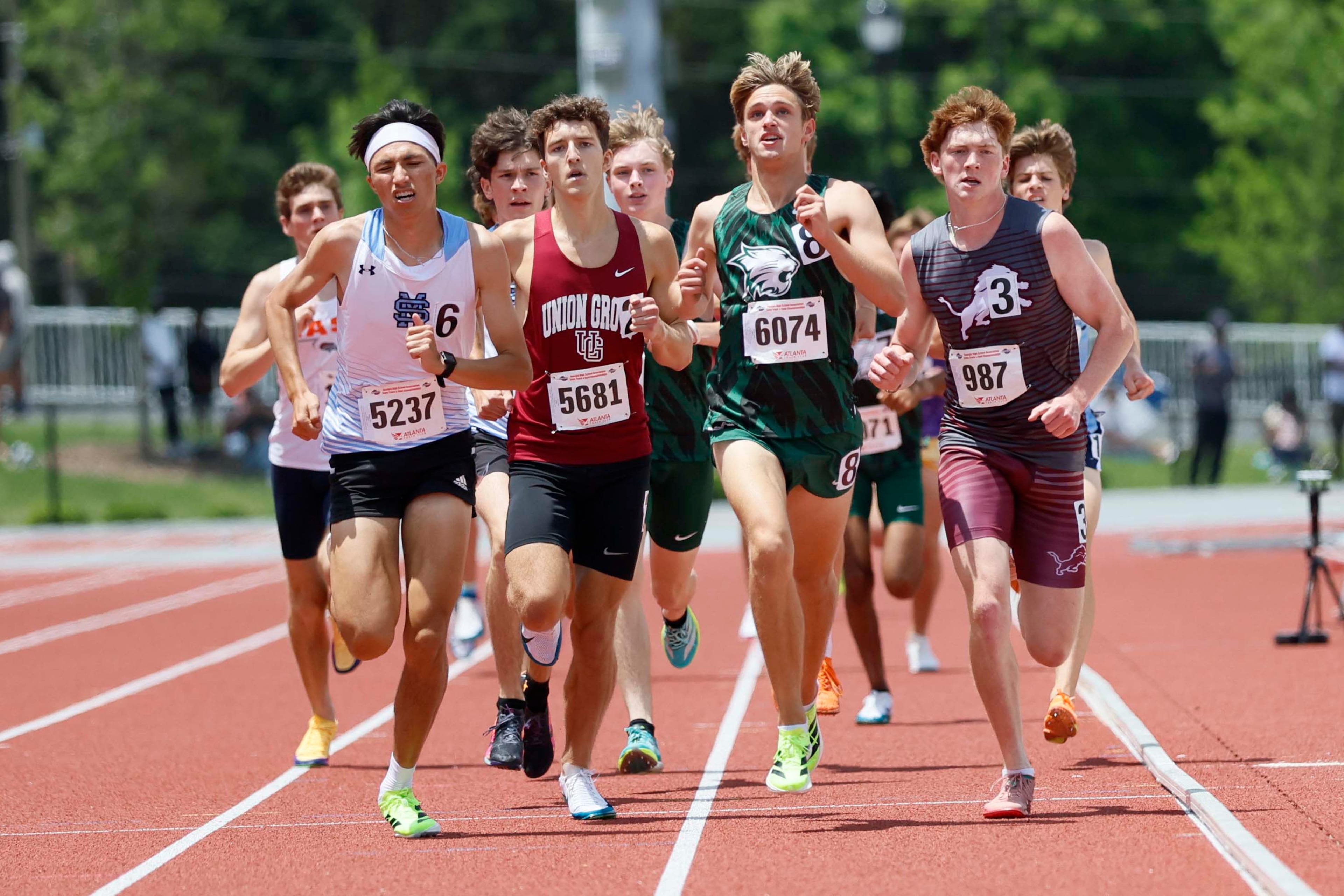 Runners compete in the Boys 1600-meter Run AAAA at the GHSA track and field state championships at UGA Spec Towns Track on Monday, May 11, 2026, in Athens.
(Miguel Martinez/AJC)