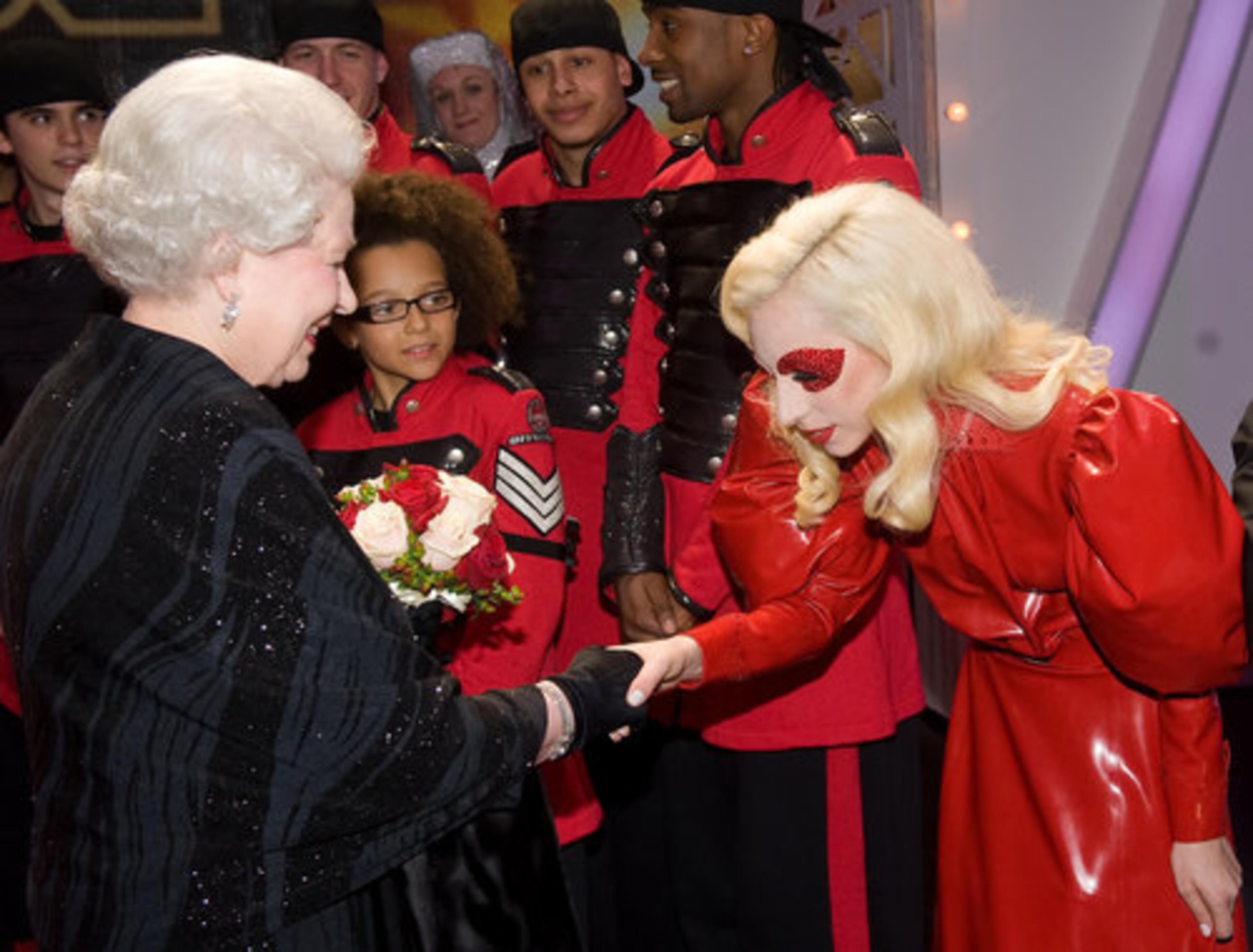 Queen Elizabeth meets Lady Gaga following the Royal Variety Performance. 2009