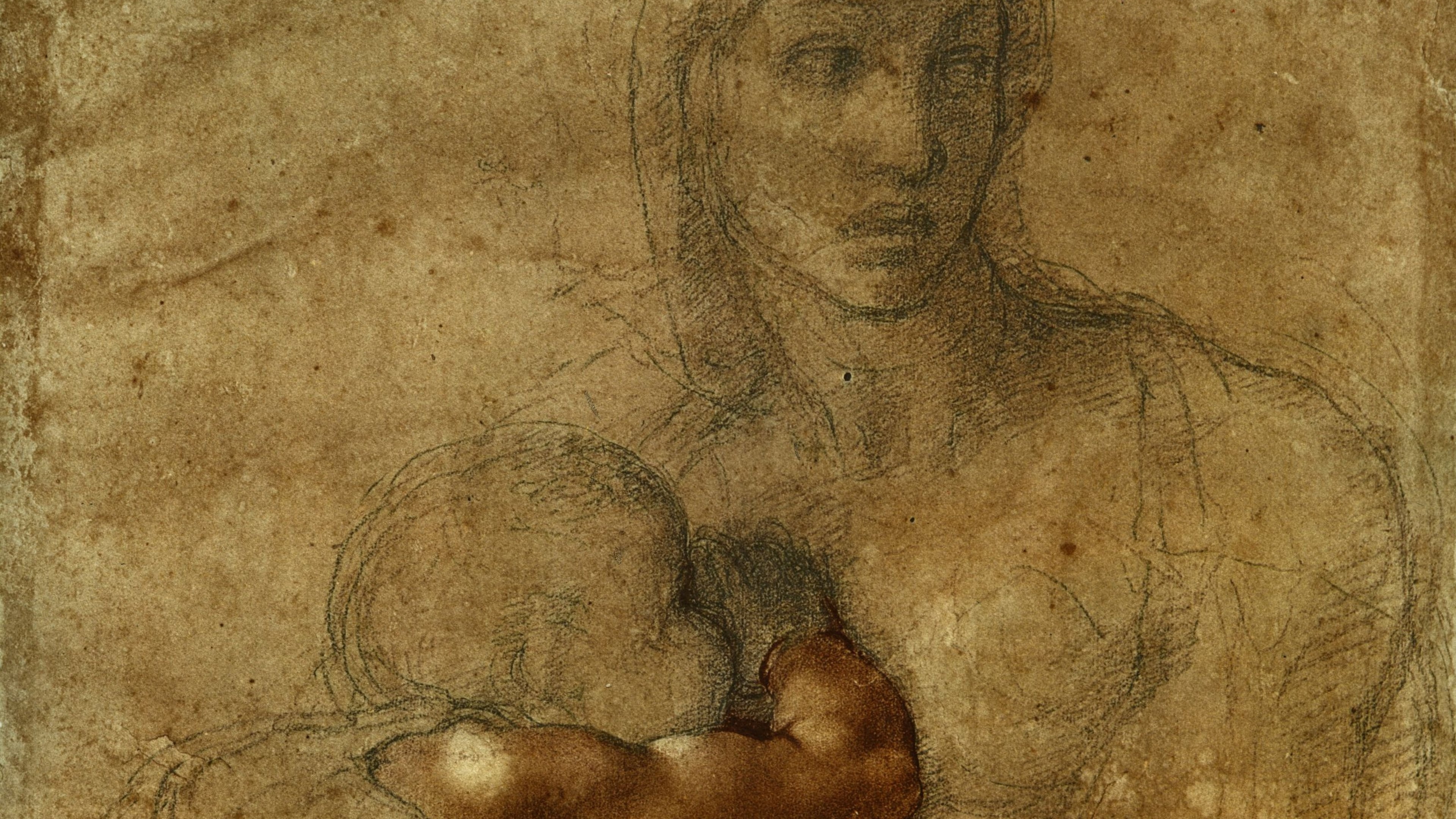 A detail of Michelangelo's Cartonetto of Madonna and Child, 1522-1526. The original drawing is being displayed at Telfair Museums in Savannah this fall. Red chalk, black chalk, lead white, brown ink wash on paper. (Courtesy of Fondazione Casa Buonarroti, Florence).