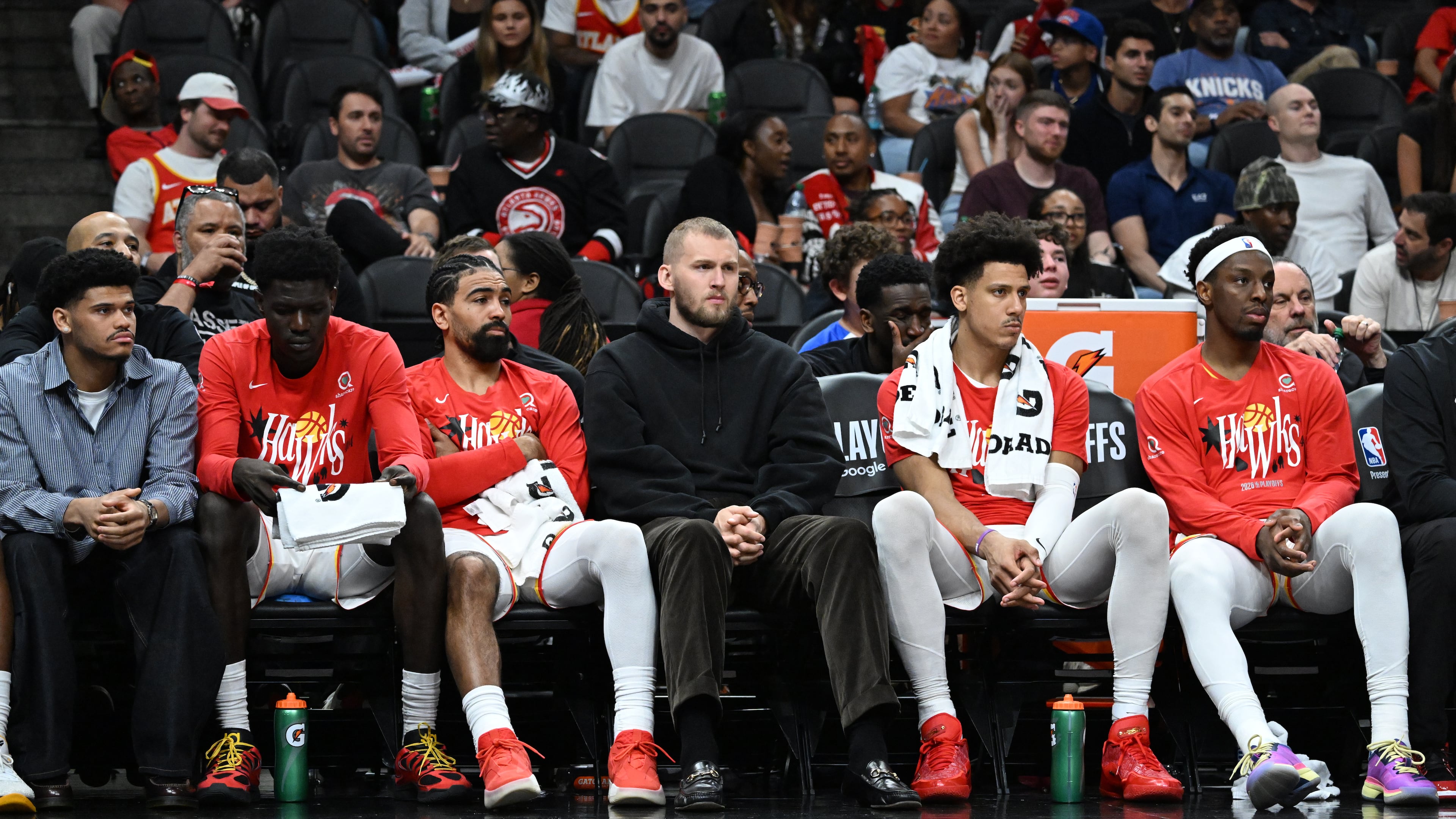 Atlanta Hawks players react during the fourth quarter in Game 6 of a first-round NBA playoff series at State Farm Arena on Thursday, April 30, 2026, in Atlanta. New York Knicks won 140-89 over Atlanta Hawks. (Hyosub Shin/AJC)