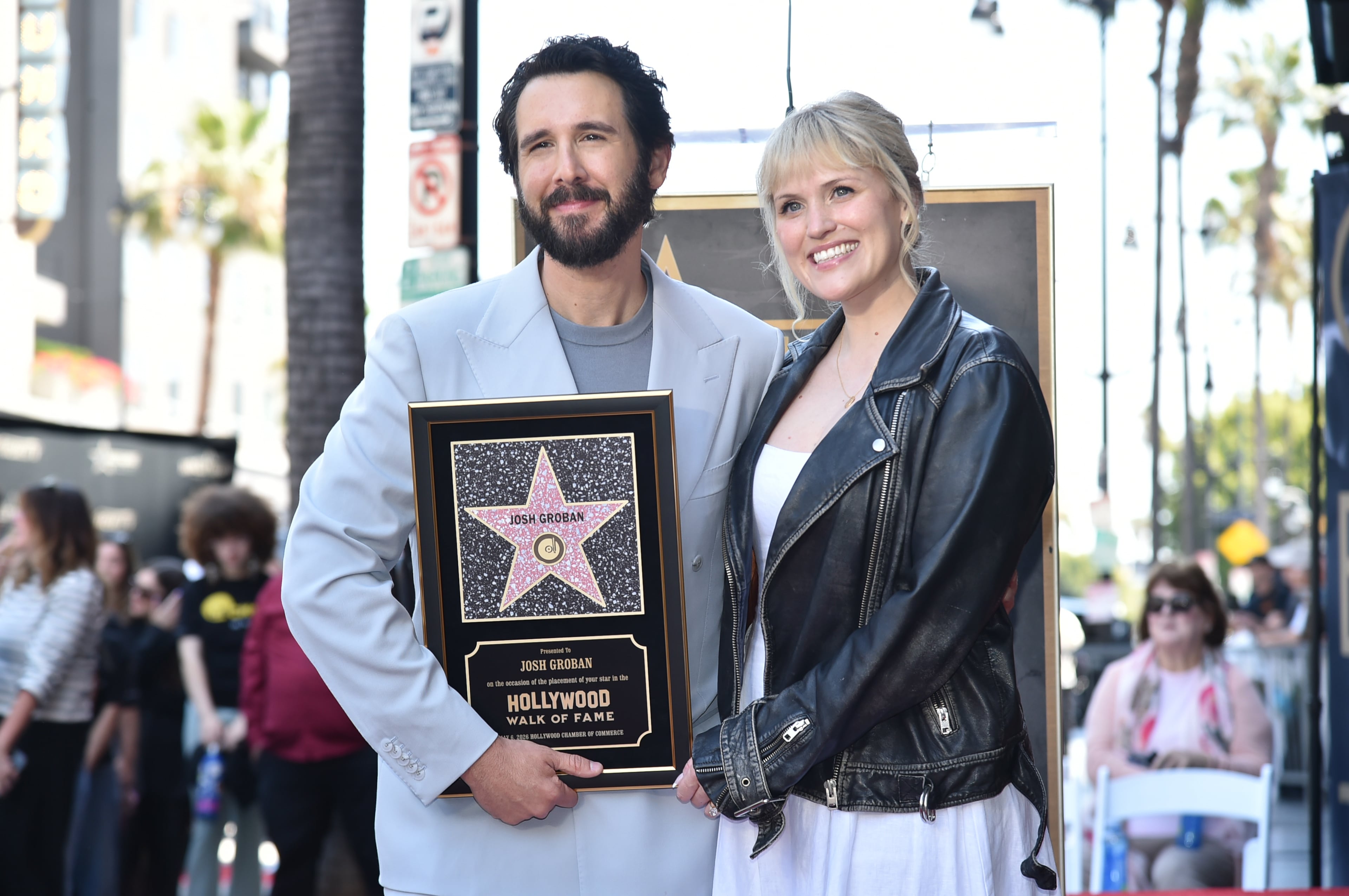 Josh Groban (left) and fiance Natalie McQueen pose during a ceremony honoring Groban with a star on the Hollywood Walk of Fame on Wednesday, May 6, 2026, in Los Angeles. (Richard Shotwell/Invision/AP)