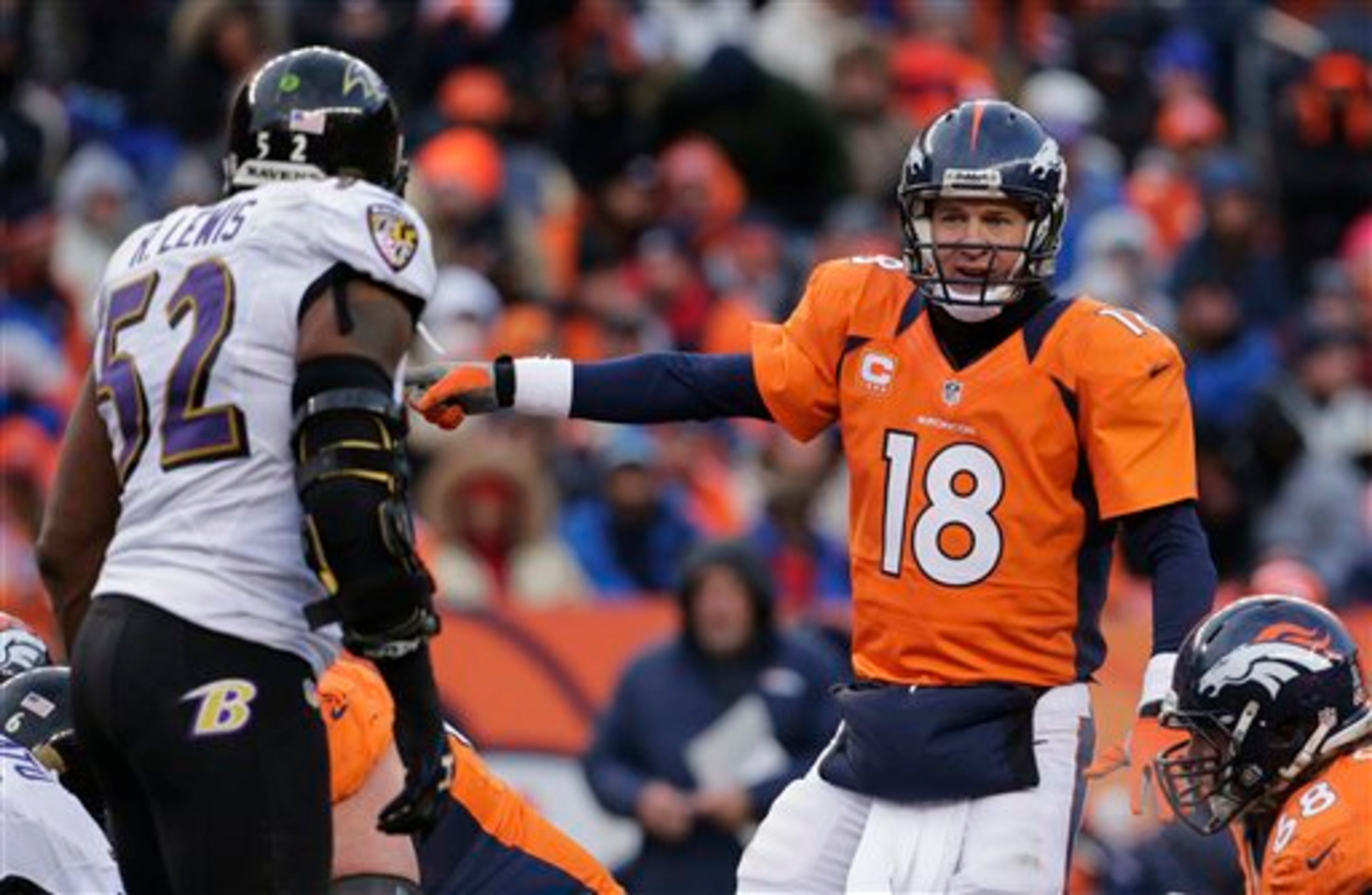 Baltimore Ravens inside linebacker Ray Lewis, left, watches as Denver Broncos quarterback Peyton Manning calls a play at the line of scrimmage against the Baltimore Ravens in the second quarter of an AFC divisional playoff NFL football game, Saturday, Jan. 12, 2013, in Denver. (AP Photo/Charlie Riedel)