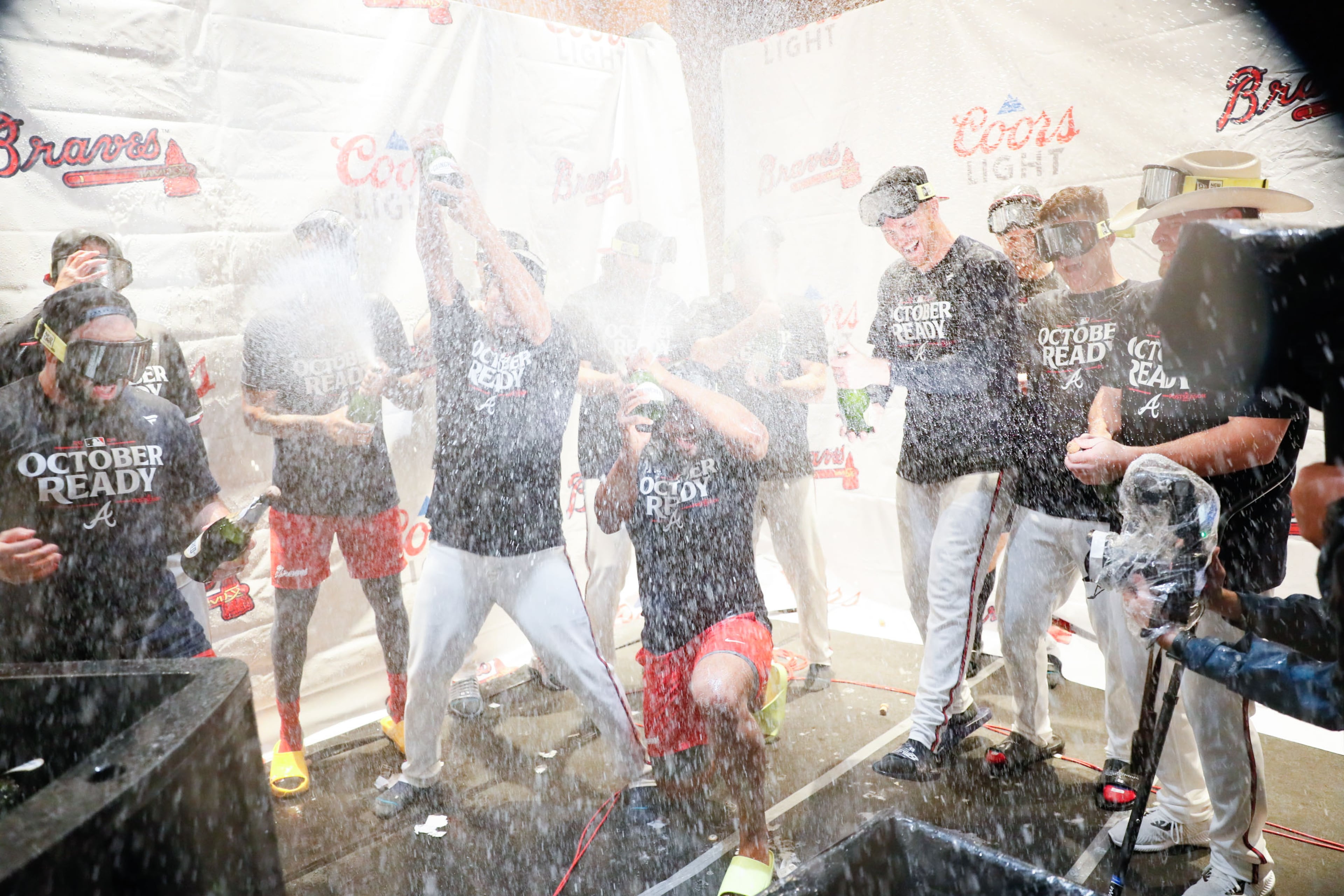 Atlanta players celebrate after their 3-0 win over the Mets in the second game of Monday’s doubleheader at Truist Park.
(Miguel Martinez/ AJC)
