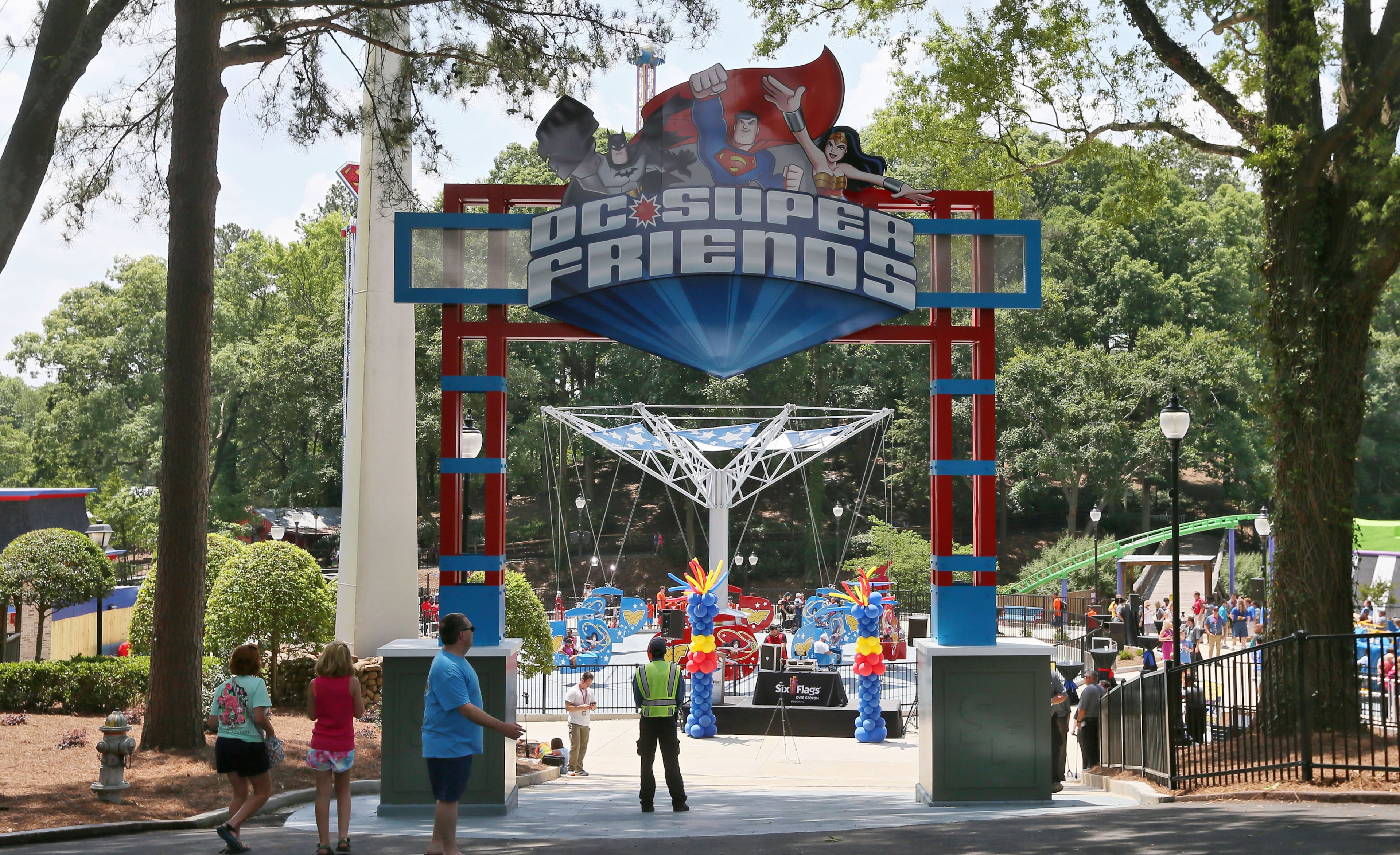 May 26, 2016, Austell — At Six Flags Over Georgia's new DC Super Friends area, rides range from Batman-themed helicopters that are mild enough for little ones to a 65-foot Superman tower ride that offers moderate thrills for older kids and adults. A medium-speed Joker Funhouse roller coaster and the Wonder Woman fliers also offer something for everyone in the family. BOB ANDRES / BANDRES@AJC.COM
