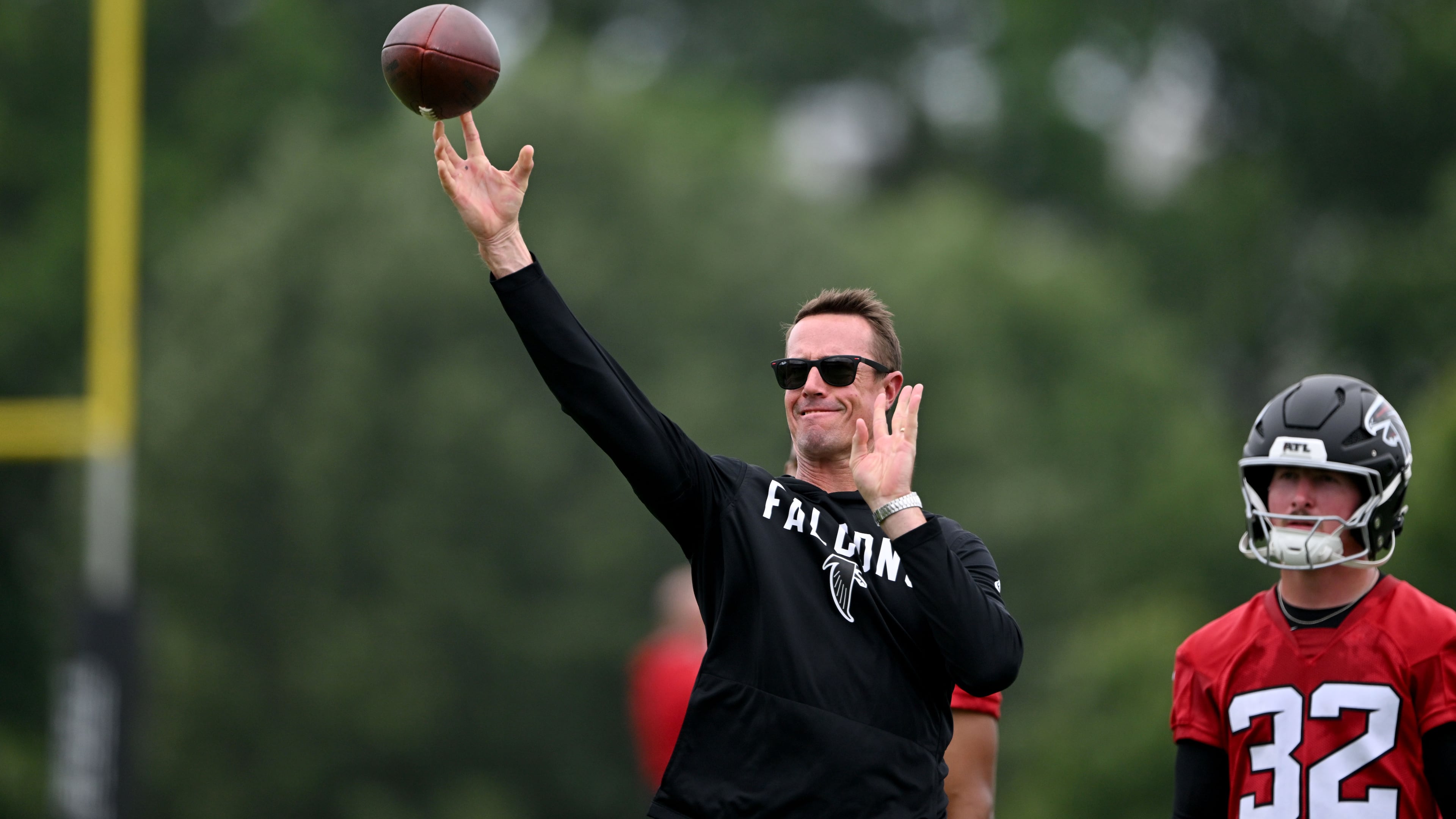 Falcons president of football Matt Ryan throws during an OTA workout at the Atlanta Falcons Training Facility on Wednesday, May 27, 2026, in Flowery Branch. As a former player, perspective may be Ryan’s greatest attribute. (Hyosub Shin/AJC)