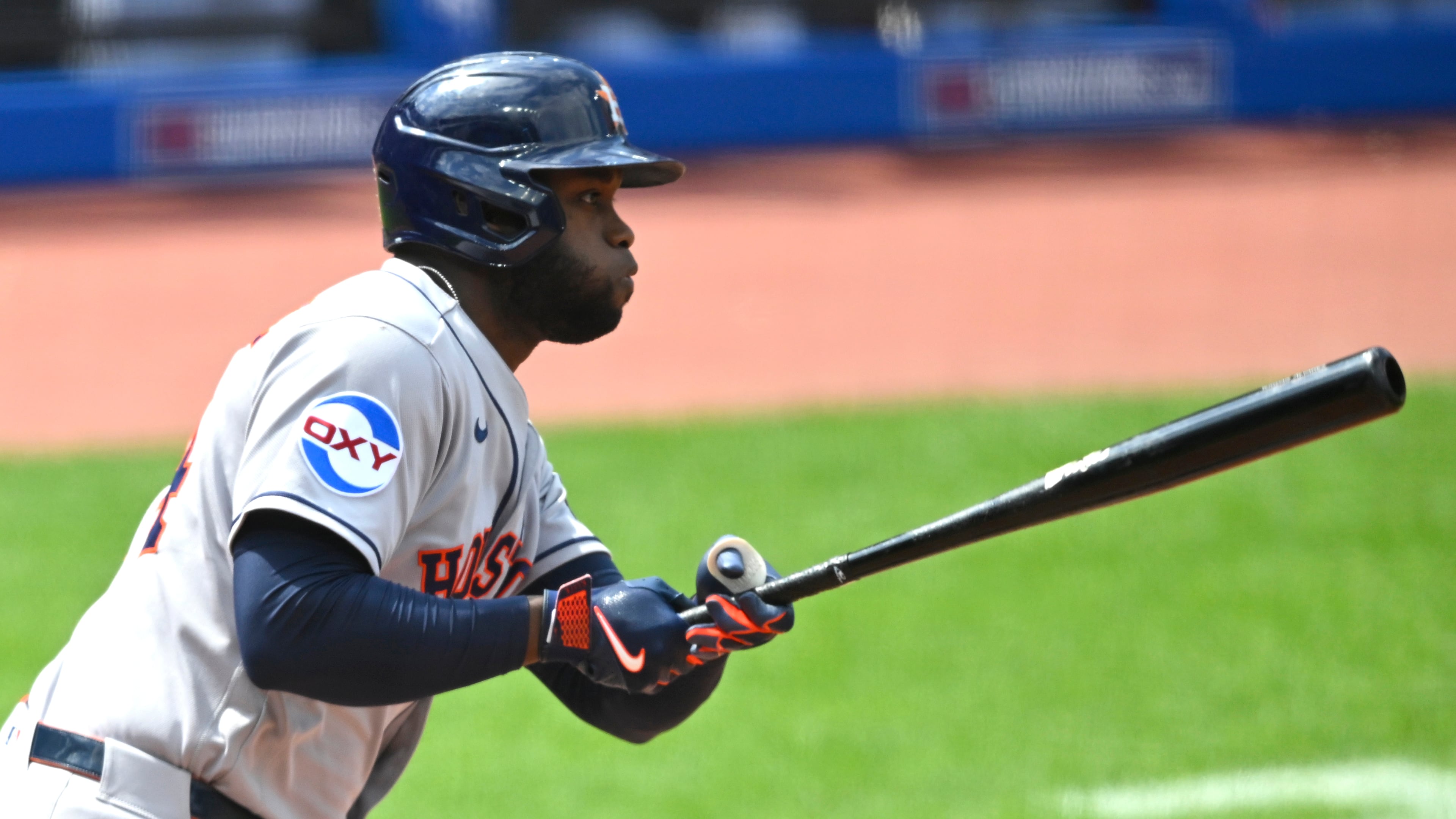 Houston Astros' Yordan Alvarez singles in the sixth inning of a baseball game against the Cleveland Guardians in Cleveland, Wednesday, April 22, 2026. (AP Photo/David Richard)