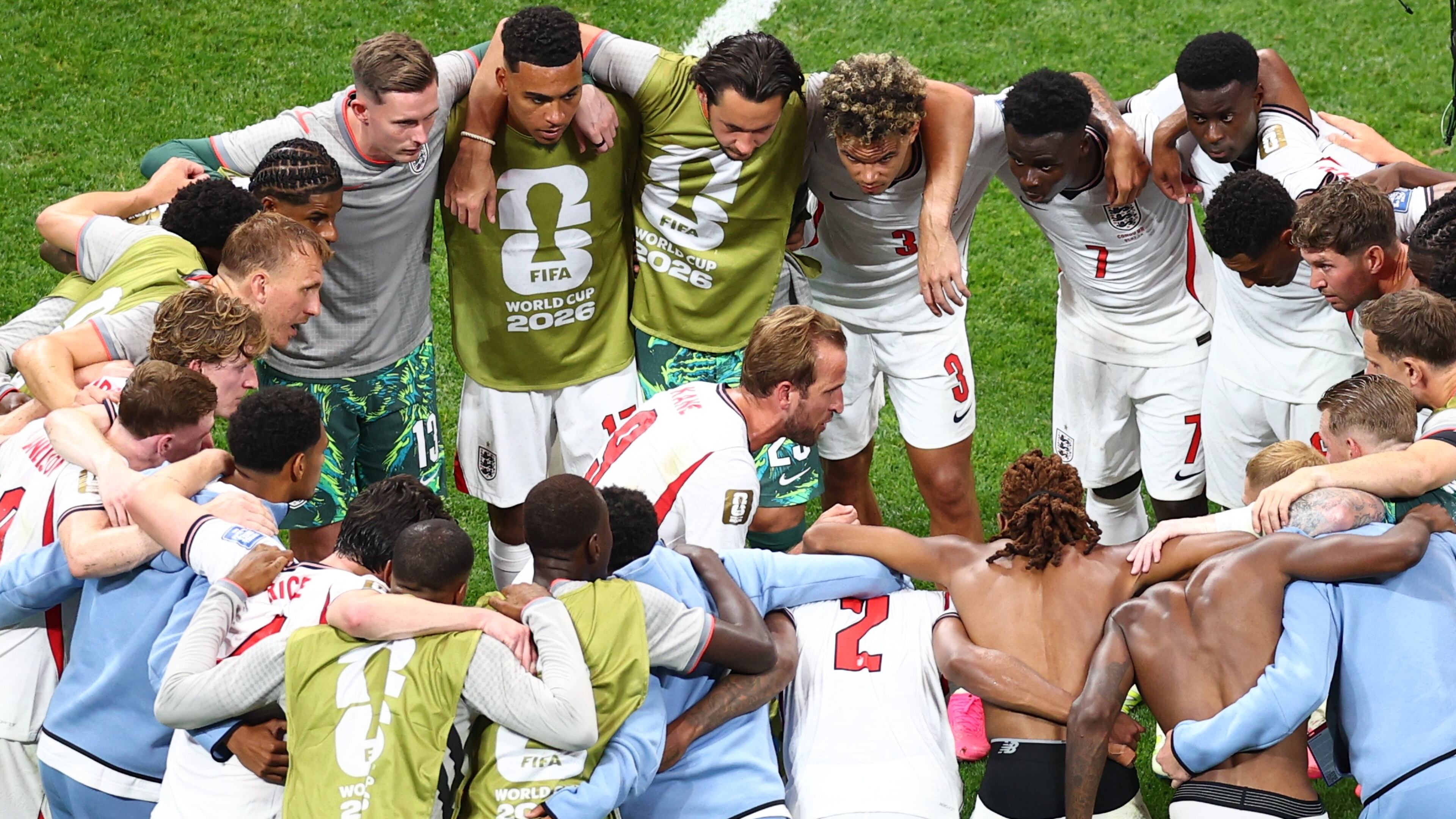 England players huddles after the World Cup round of 32 soccer match between England and Congo in Atlanta, Wednesday, July 1, 2026. (AP Photo/Colin Hubbard)