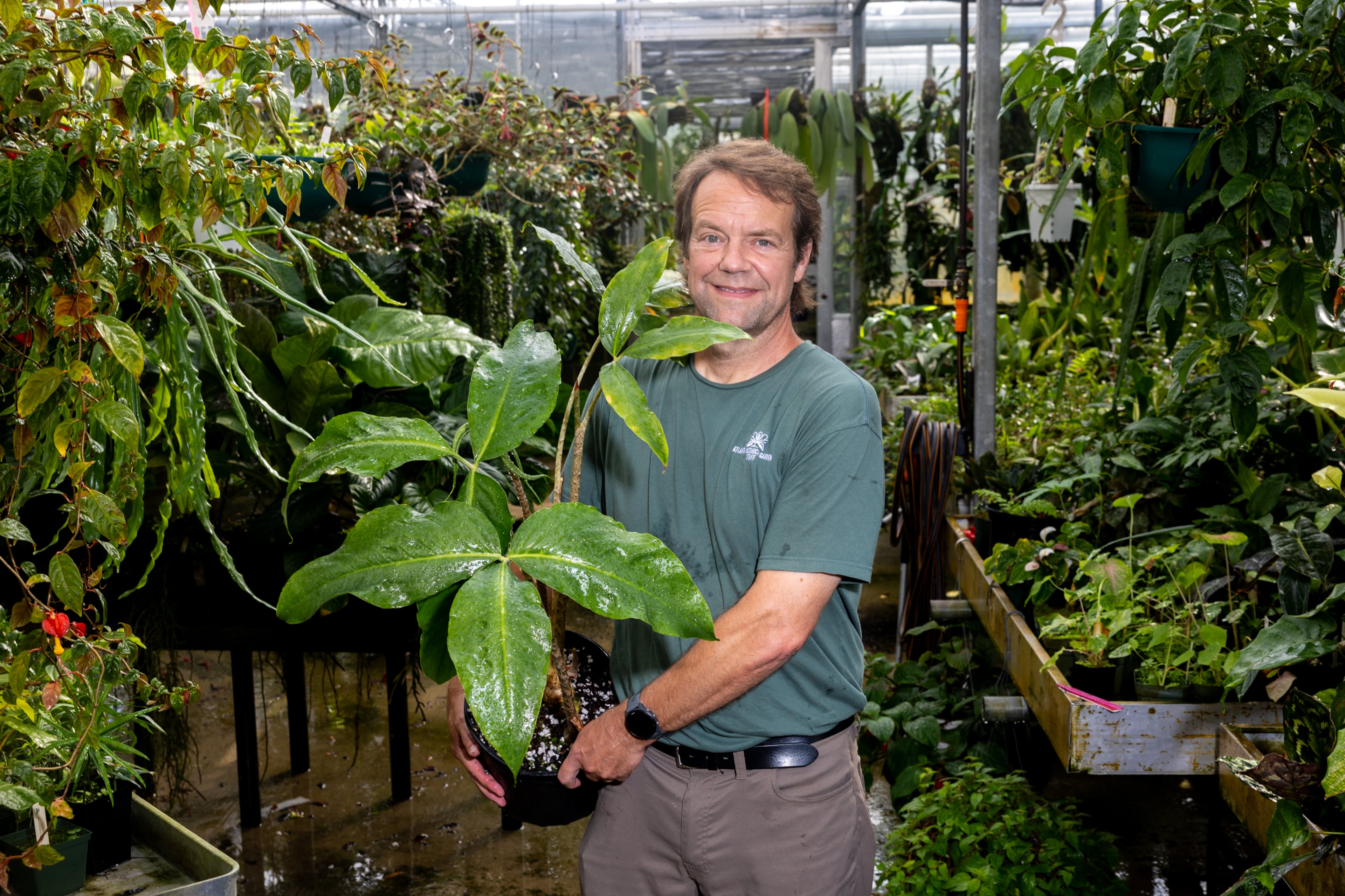 Scott McMahan, vice president of horticulture and collections at the Atlanta Botanical Gardens, poses with a cobra lily. (Arvin Temkar/AJC)