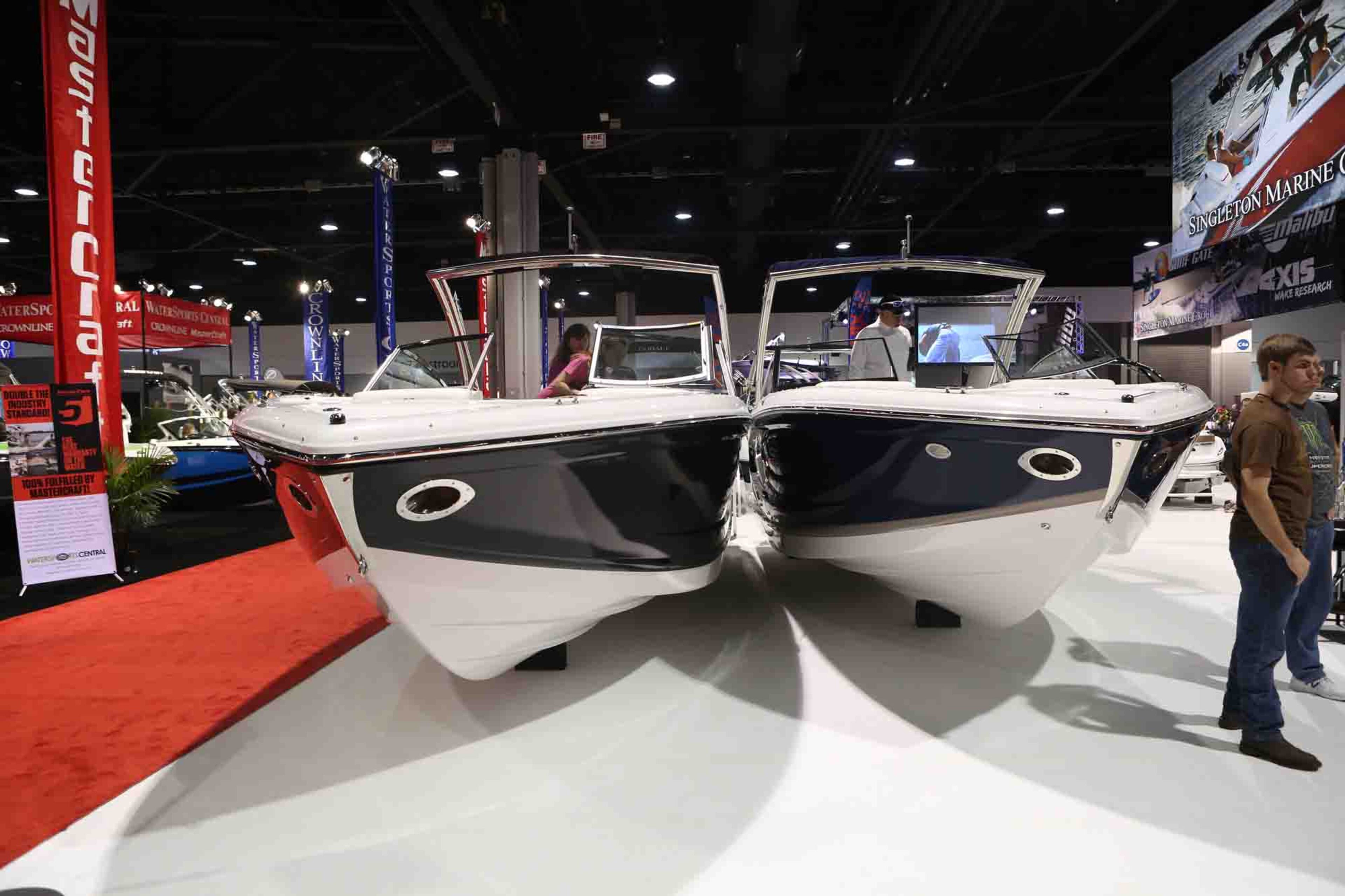 Fast and sleek speed boats on display at the Progressive Atlanta Boat Show at the Georgia World Congress Center on Saturday, Jan. 11, 2014.