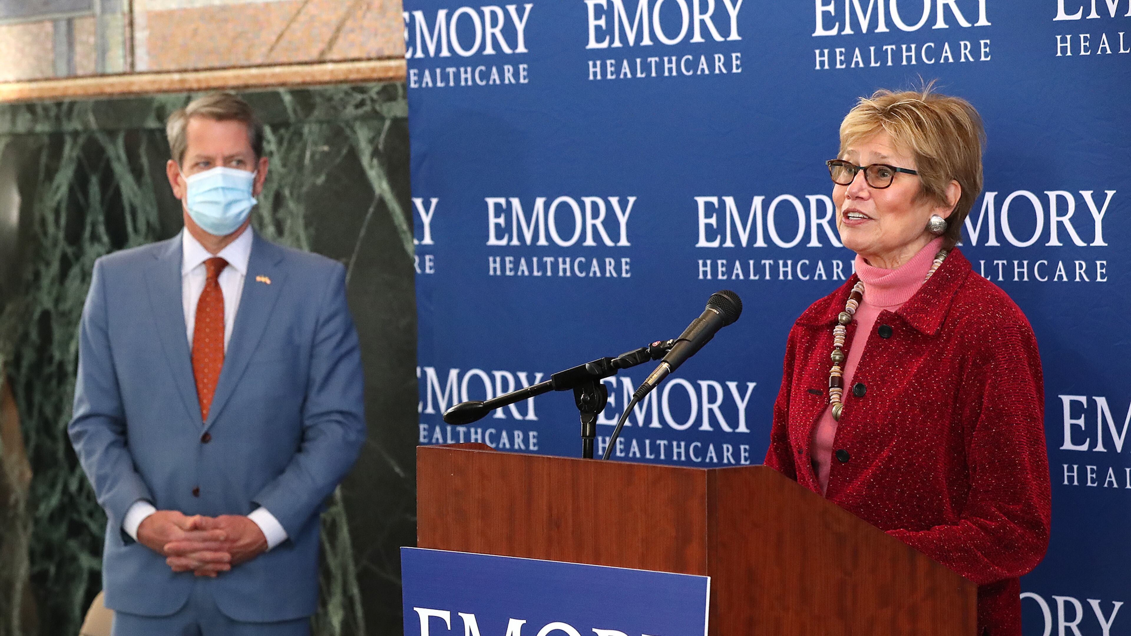 Gov. Brian Kemp and DPH Commissioner Dr. Kathleen Toomey take questions during a press conference at Emory University to discuss the Moderna vaccine rollout on Tuesday. “Curtis Compton / Curtis.Compton@ajc.com”