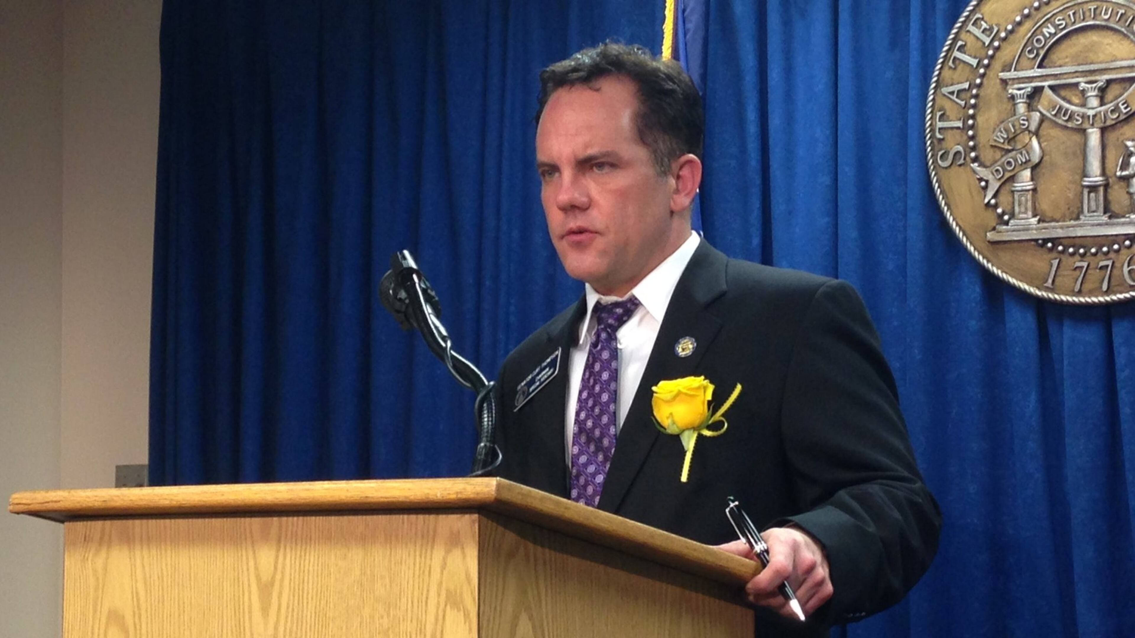 In this 2018 file photo, then-Sen. Curt Thompson (D-Tucker) discusses a bill to legalize recreational marijuana. (SANDRA PARRISH, WSB RADIO)