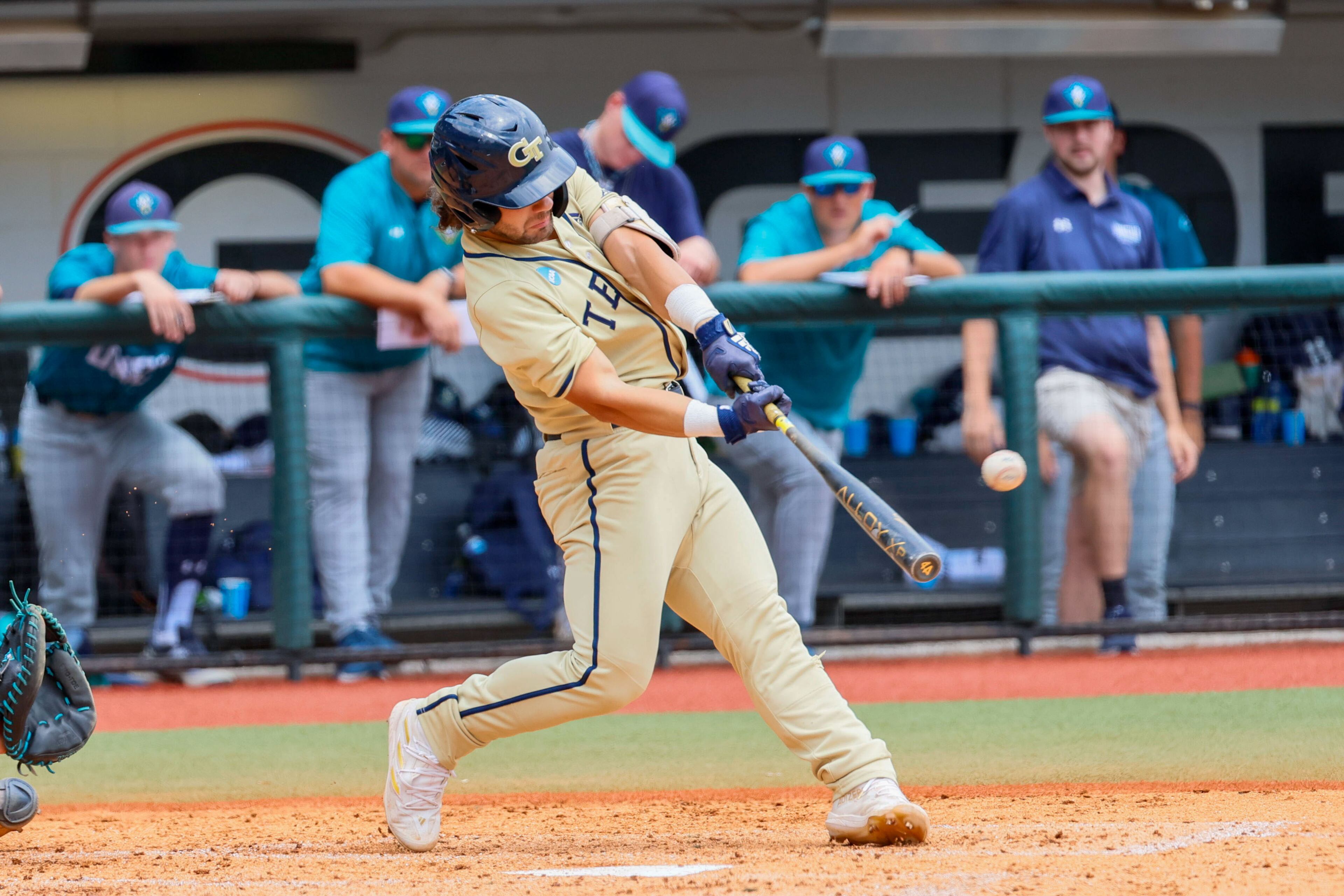 Georgia Tech second baseman Mike Becchetti hits a two-run home run in the fourth inning against UNC Wilmington at Foley Field during the NCAA Tournament Regional on Sunday, June 2, 2024, in Athens.
(Miguel Martinez / AJC)