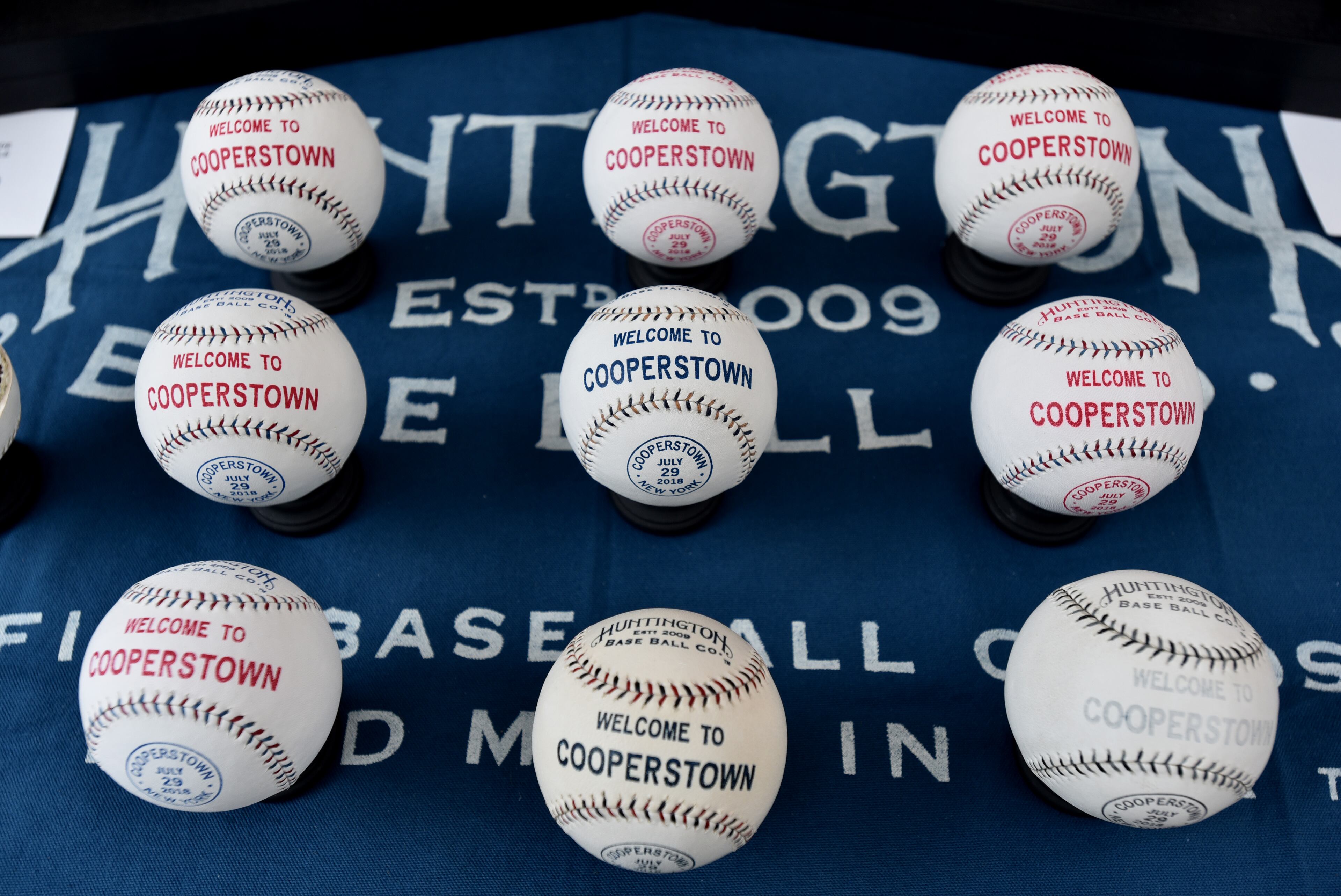 July 28, 2018 Cooperstown, N.Y. - Handmade baseballs from Huntington Baseball Co. are displayed on Main Street in Cooperstown, N.Y. on Saturday, July 28, 2018. Braves legend Chipper Jones is set for induction into the National Baseball Hall of Fame on Sunday in Cooperstown, N.Y. HYOSUB SHIN / HSHIN@AJC.COM