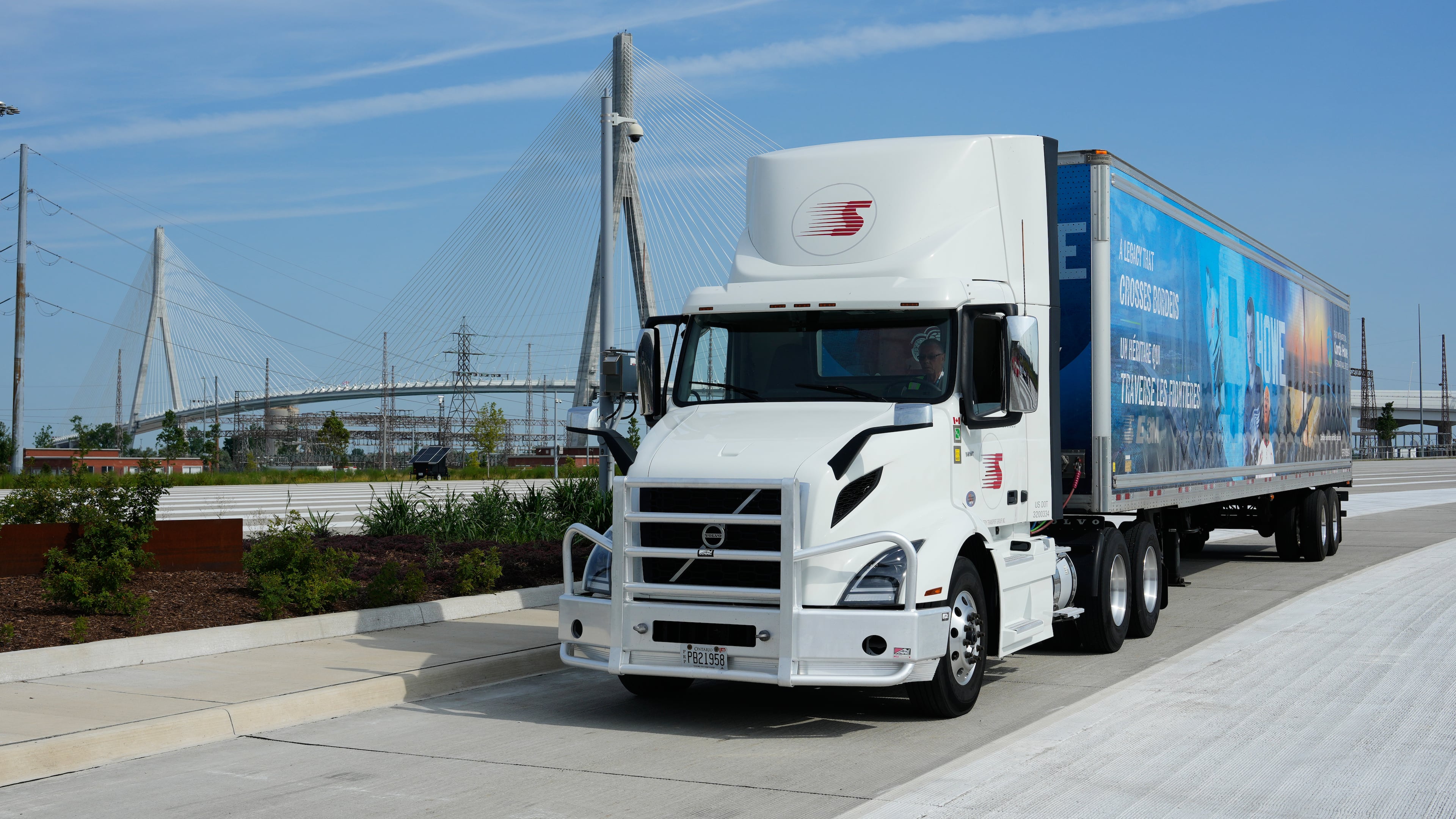 A truck is parked during a Canadian celebration marking the Gordie Howe International Bridge, which connects Detroit and Windsor, Ontario, on Friday, July 24, 2026, in Windsor, Ontario.(AP Photo/Paul Sancya)