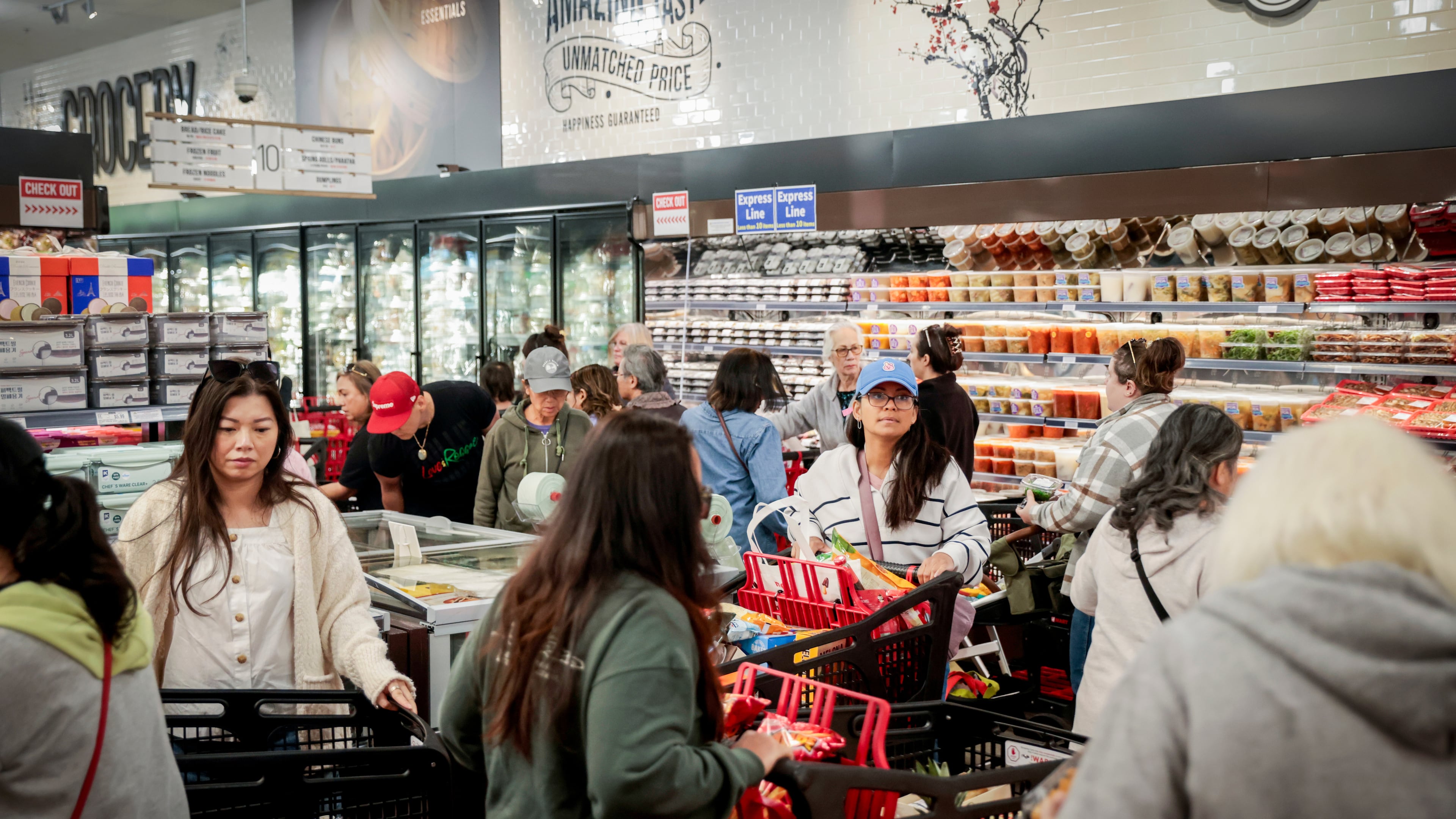 Shoppers navigate packed aisles in the new H Mart, in Dublin, Calif., Thursday, March 26, 2026. (Brontë Wittpenn/San Francisco Chronicle via AP)