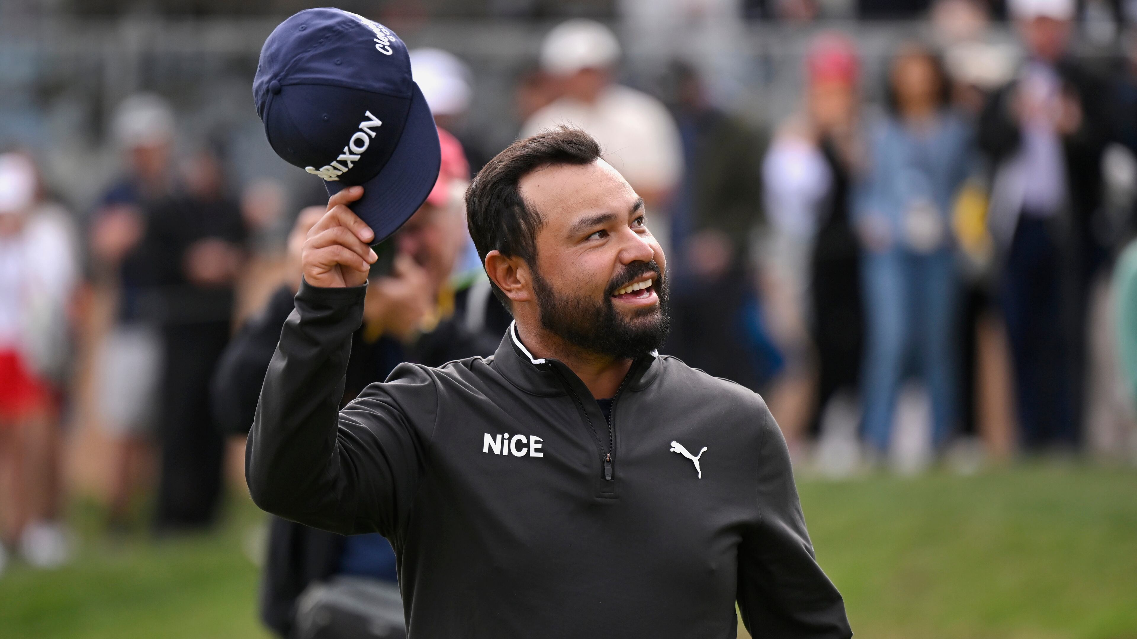 J.J. Spaun waves to fans after winning the Valero Texas Open golf tournament in San Antonio, Sunday, April 5, 2026. (AP Photo/Darren Abate)