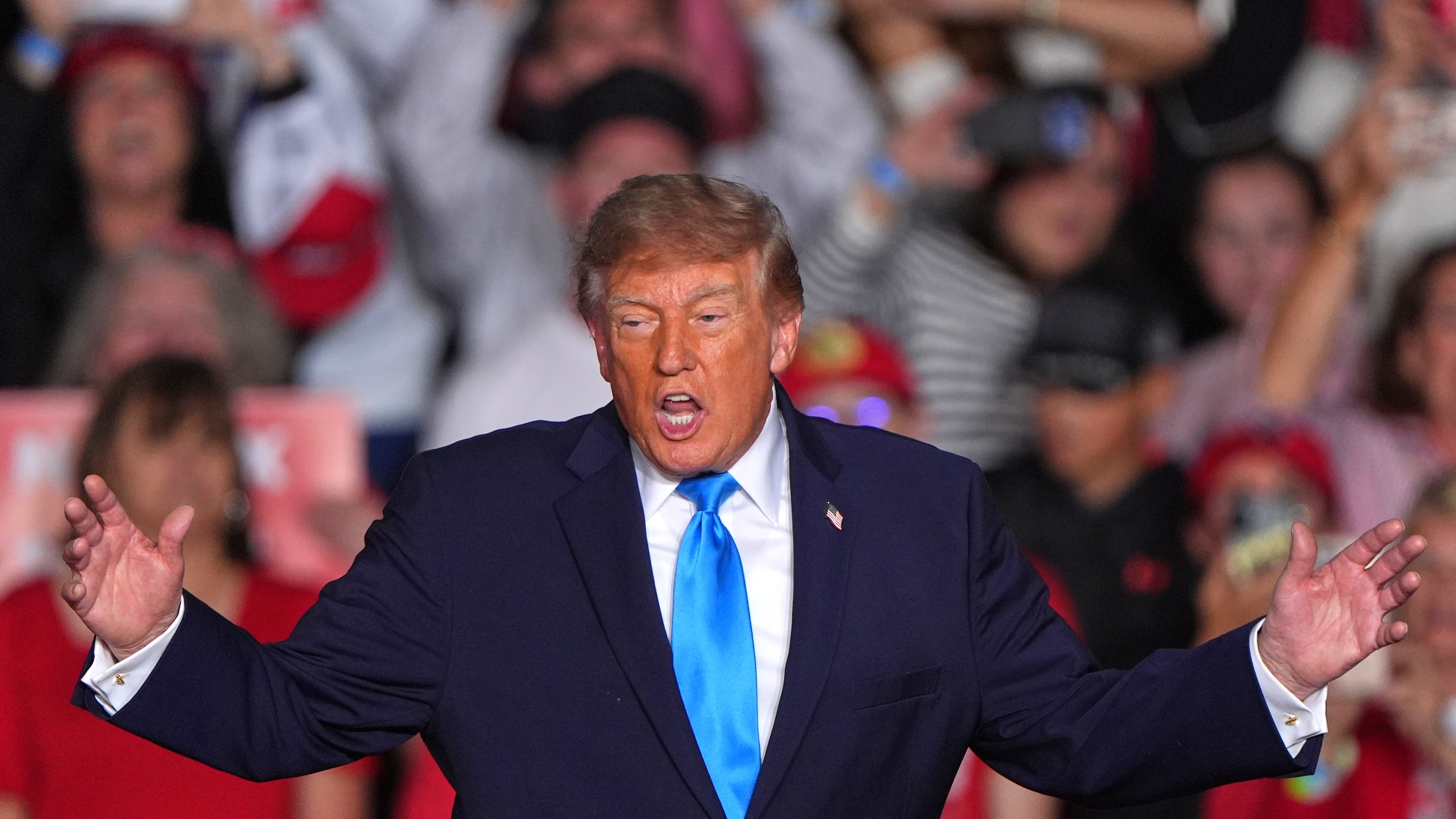 President Donald Trump arrives at a campaign rally at the Pinnacle Bank Expo Center, Monday, Oct. 5, 2026, in Grand Island, Neb. (AP Photo/Charlie Riedel)