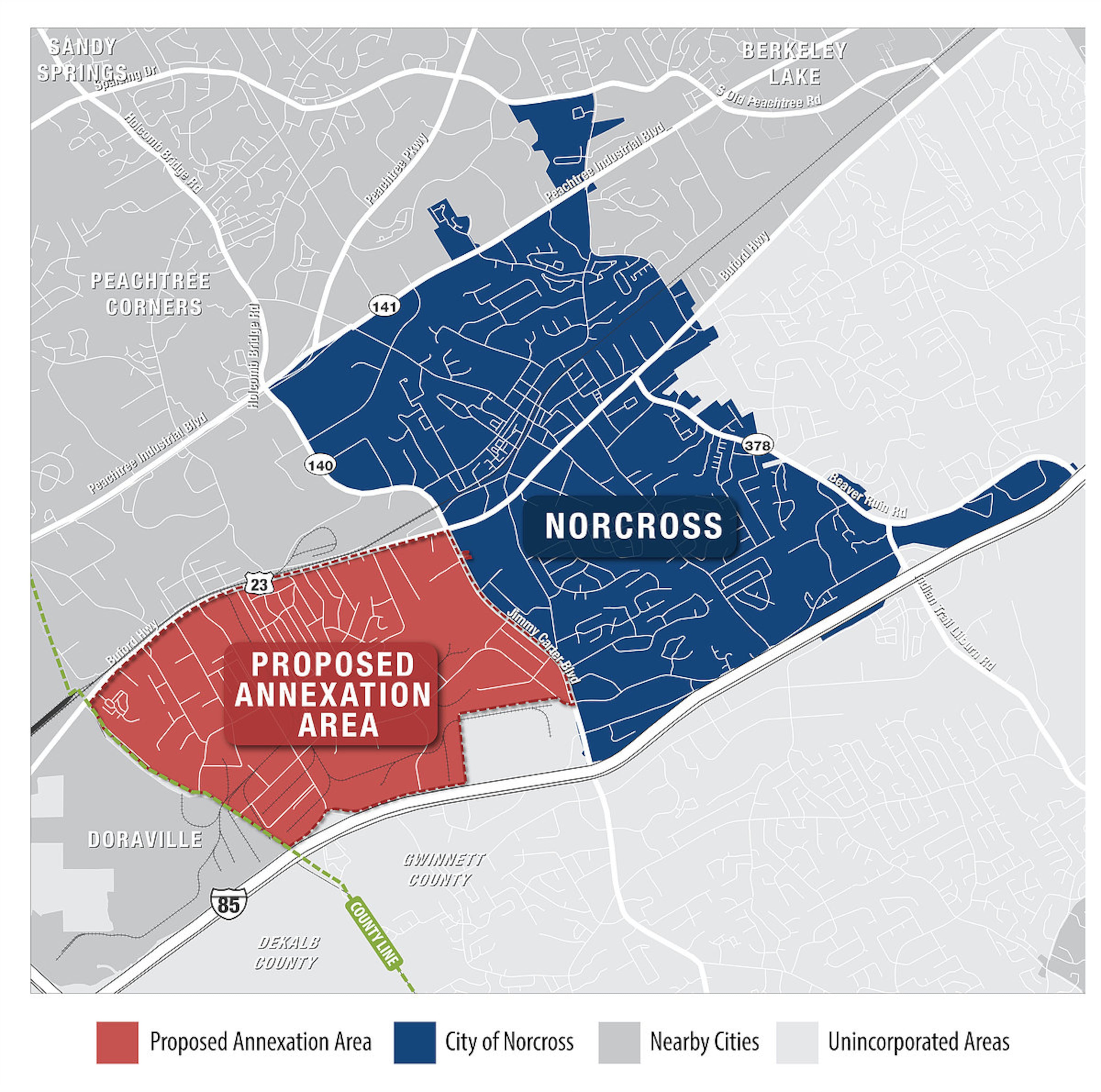 Norcross recently adopted a resolution announcing its intent to annex a neighboring portion of unincorporated Gwinnett. (Courtesy City of Norcross)