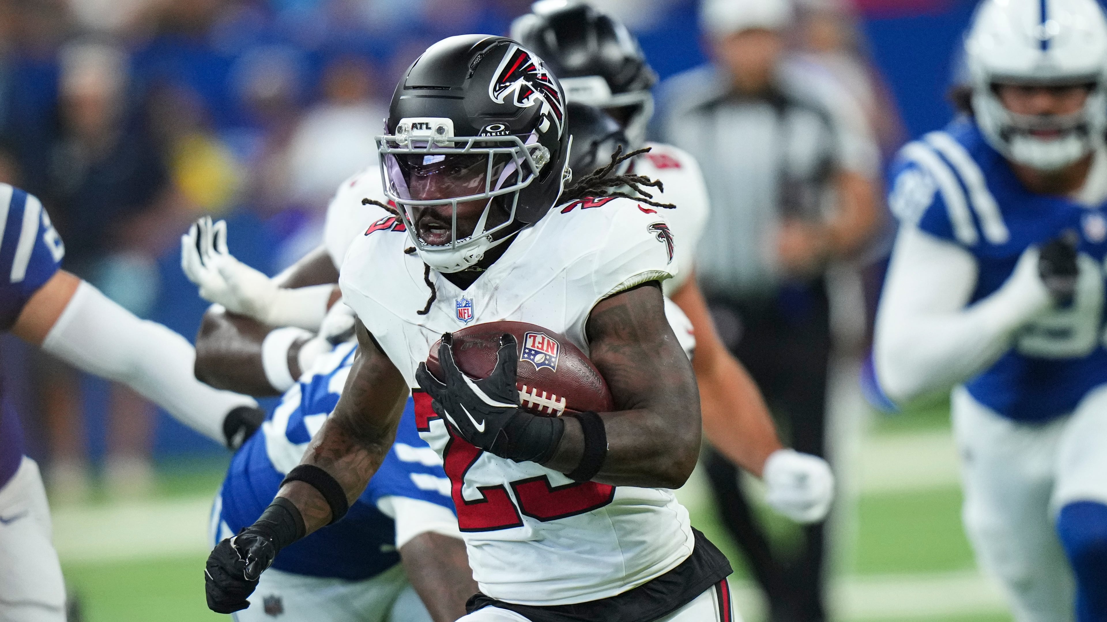 Falcons running back Tyler Goodson runs for a touchdown against the Indianapolis Colts during the first half of an NFL football game in Indianapolis, Saturday, Aug. 22, 2026. (AJ Mast/AP)