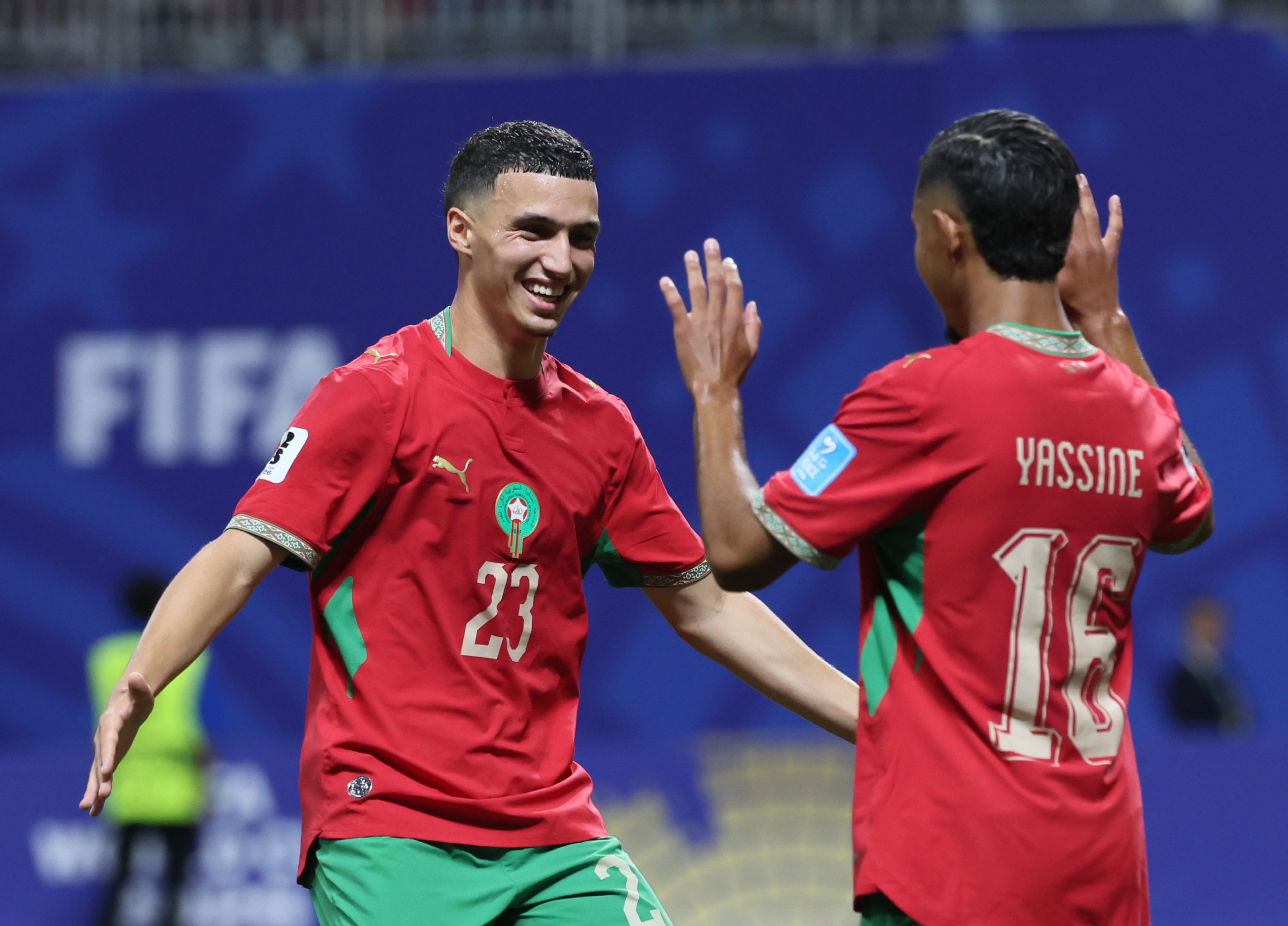 Morocco's Bilal El Khannouss, left, celebrates the goal of teammate Gessime Yassine, right, during second half of Morocco vs. Haiti Group C FIFA World Cup match at Atlanta Stadium (Mercedes-Benz Stadium) on Wednesday, June 24, 2026. (Jason Getz/AJC)