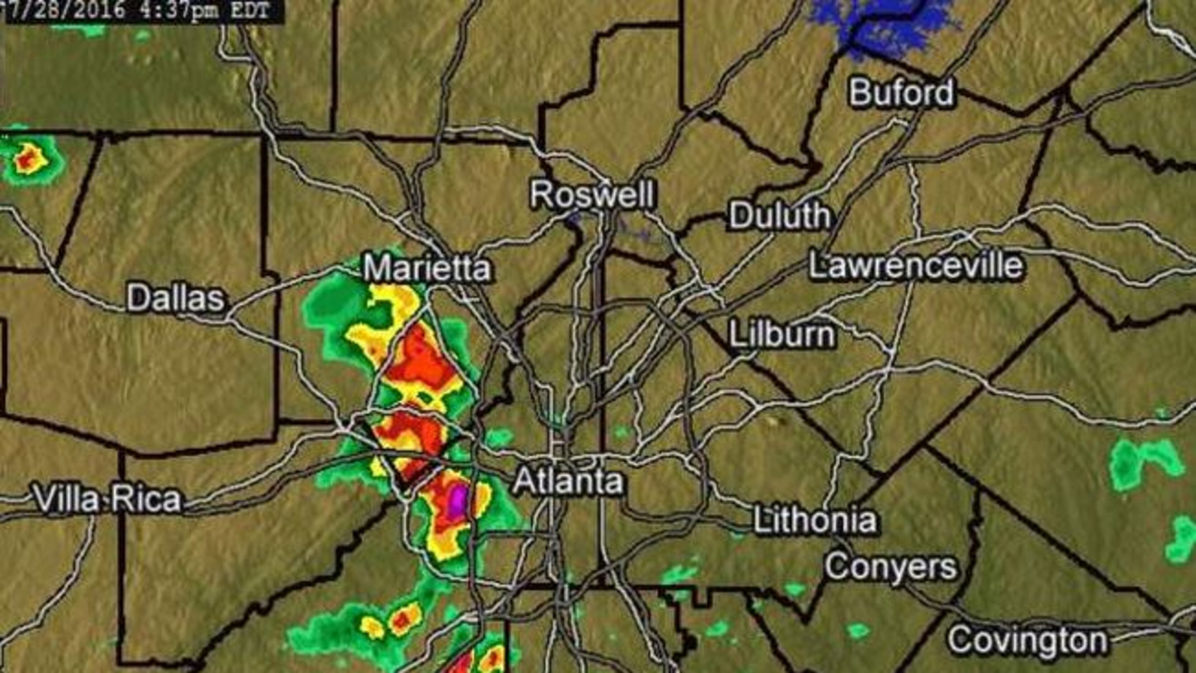 Rain hit the metro area shortly after 4:30 p.m.