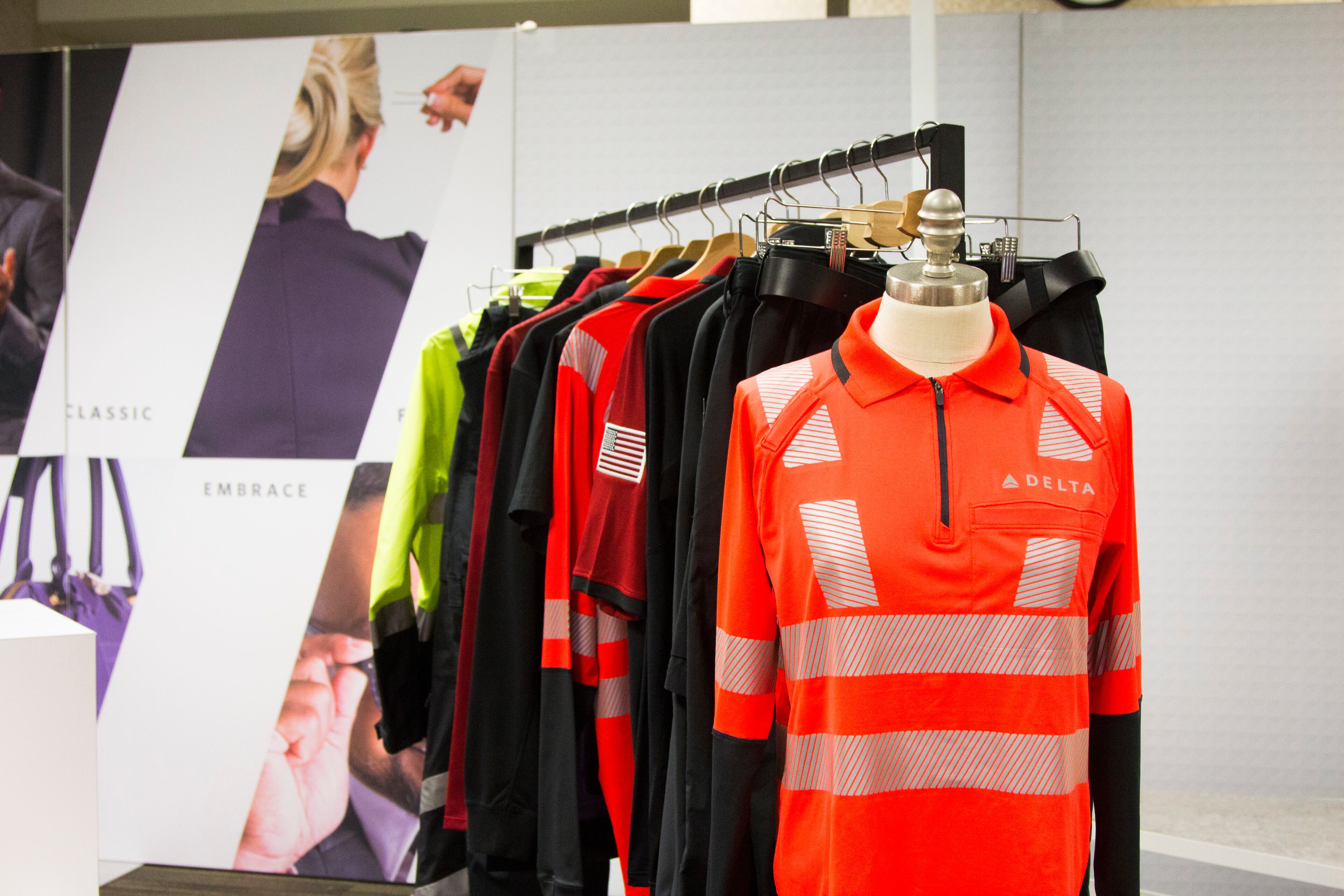 New Delta Airlines uniforms and accessories are out on display during the uniform fitting for Delta employees at Hartsfield-Jackson Atlanta International Airport in Atlanta, Georgia, on Wednesday, February 7, 2018. (REANN HUBER/REANN.HUBER@AJC.COM)
